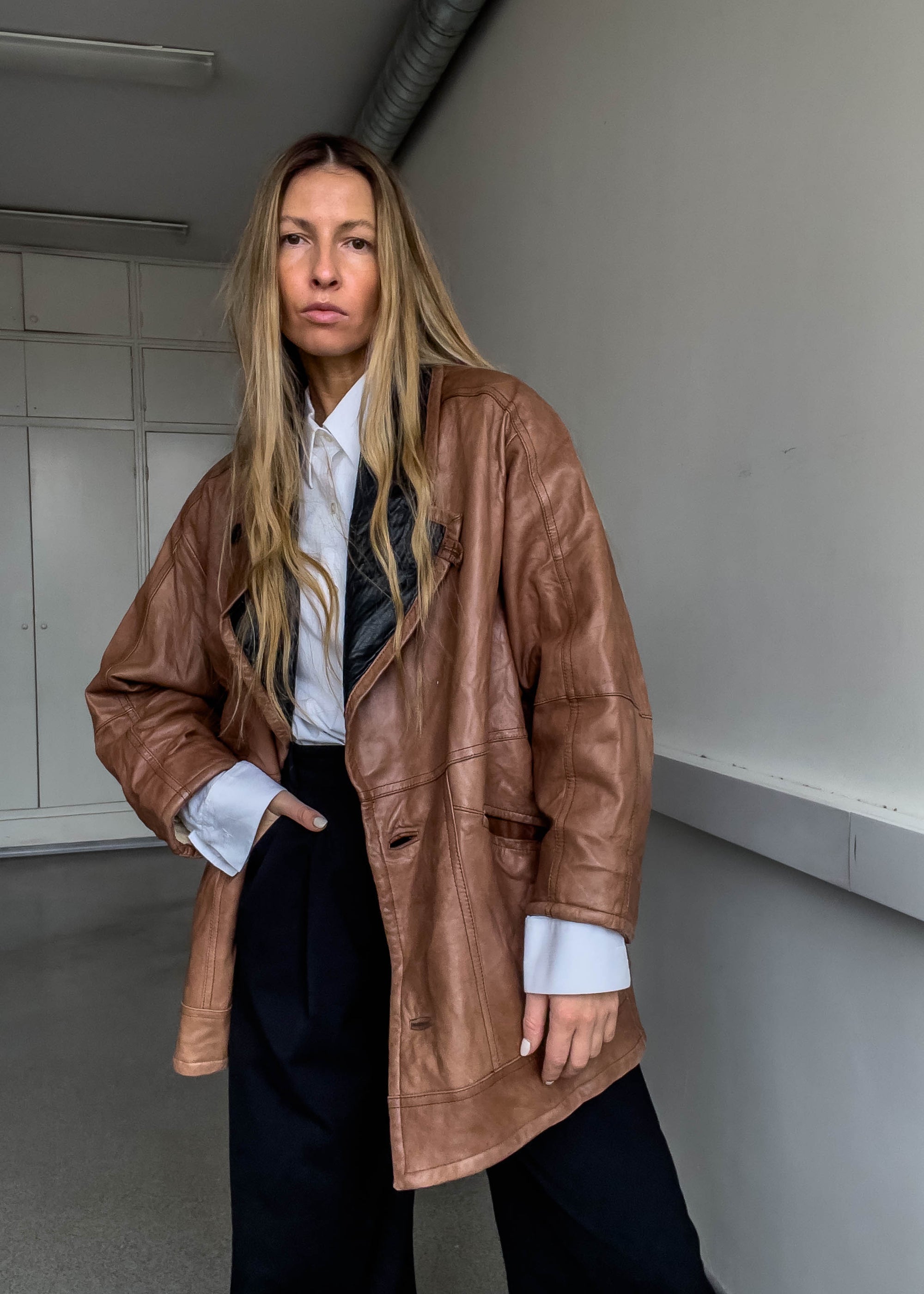 Vintage Brown Oversized Leather Coat