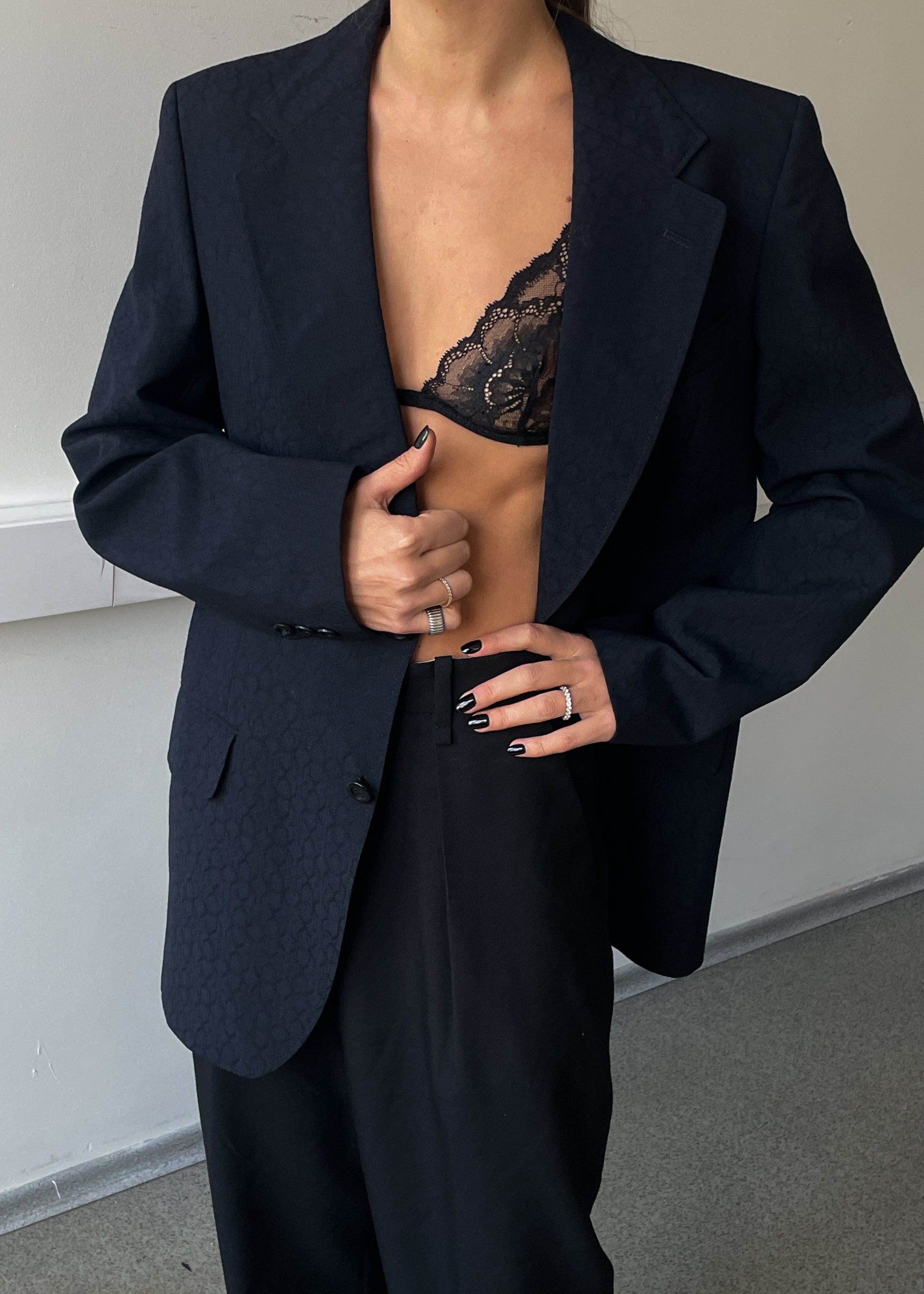 Vintage Navy Blue Patterned Oversized Blazer