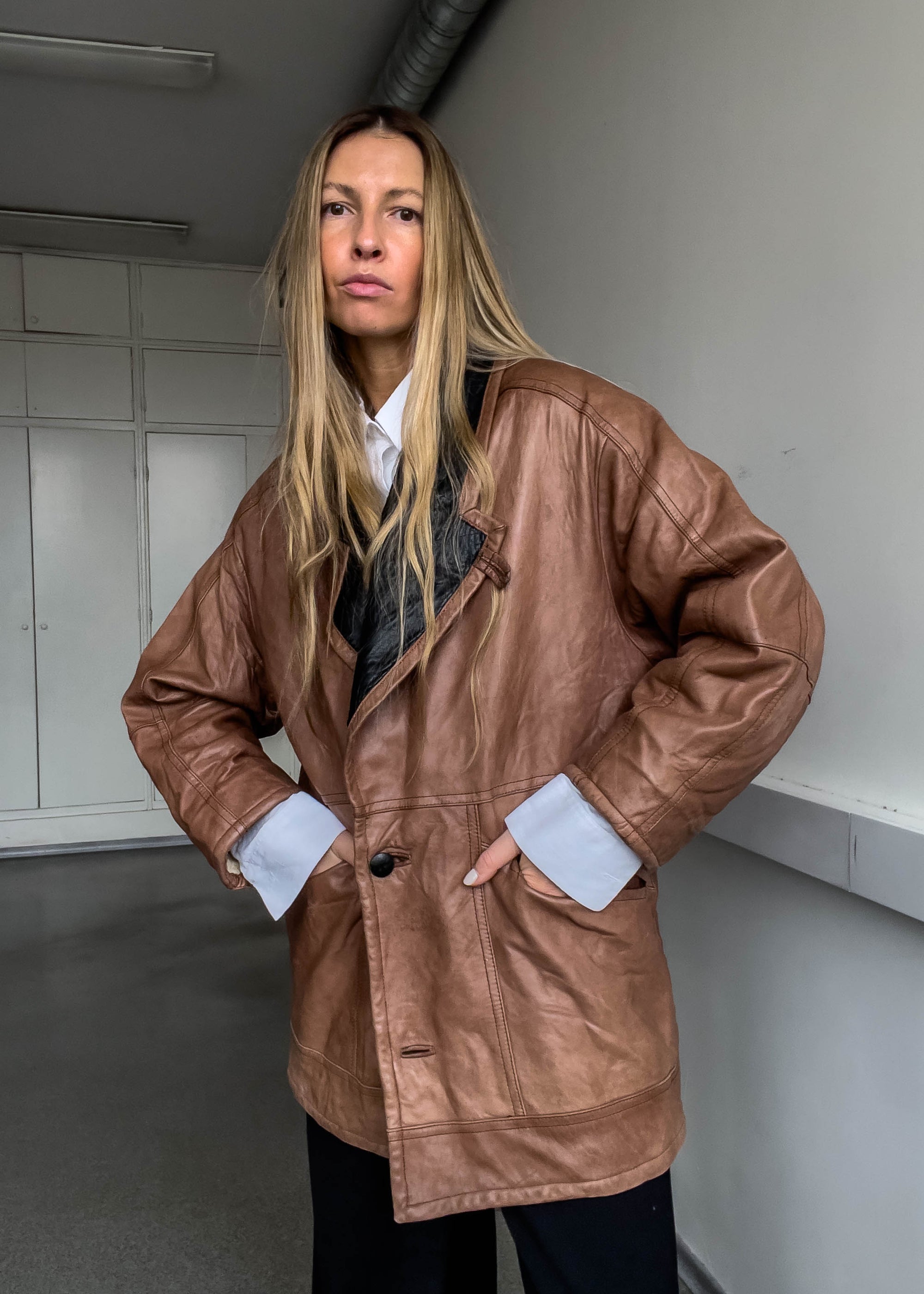 Vintage Brown Oversized Leather Coat