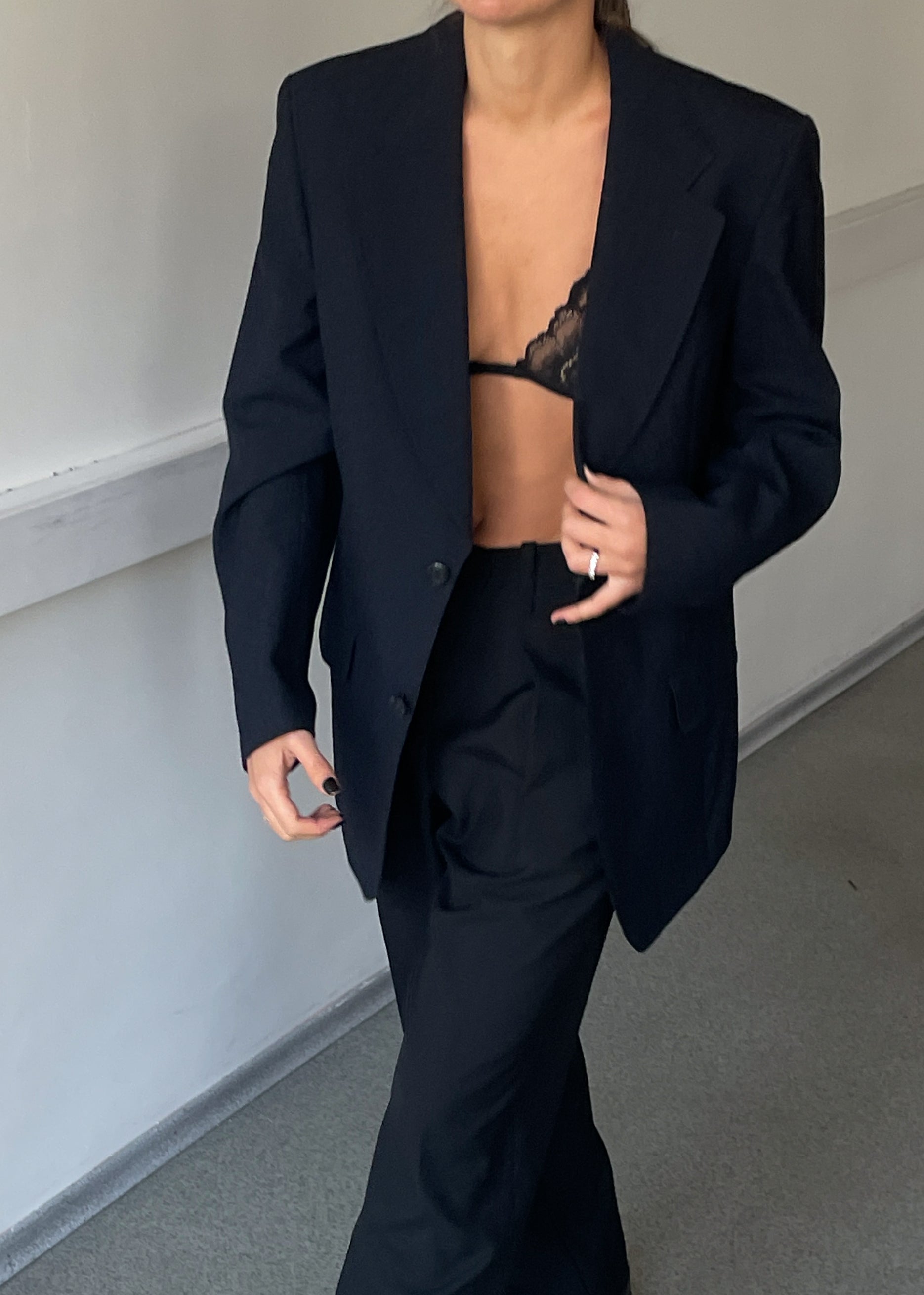 Vintage Navy Blue Patterned Oversized Blazer