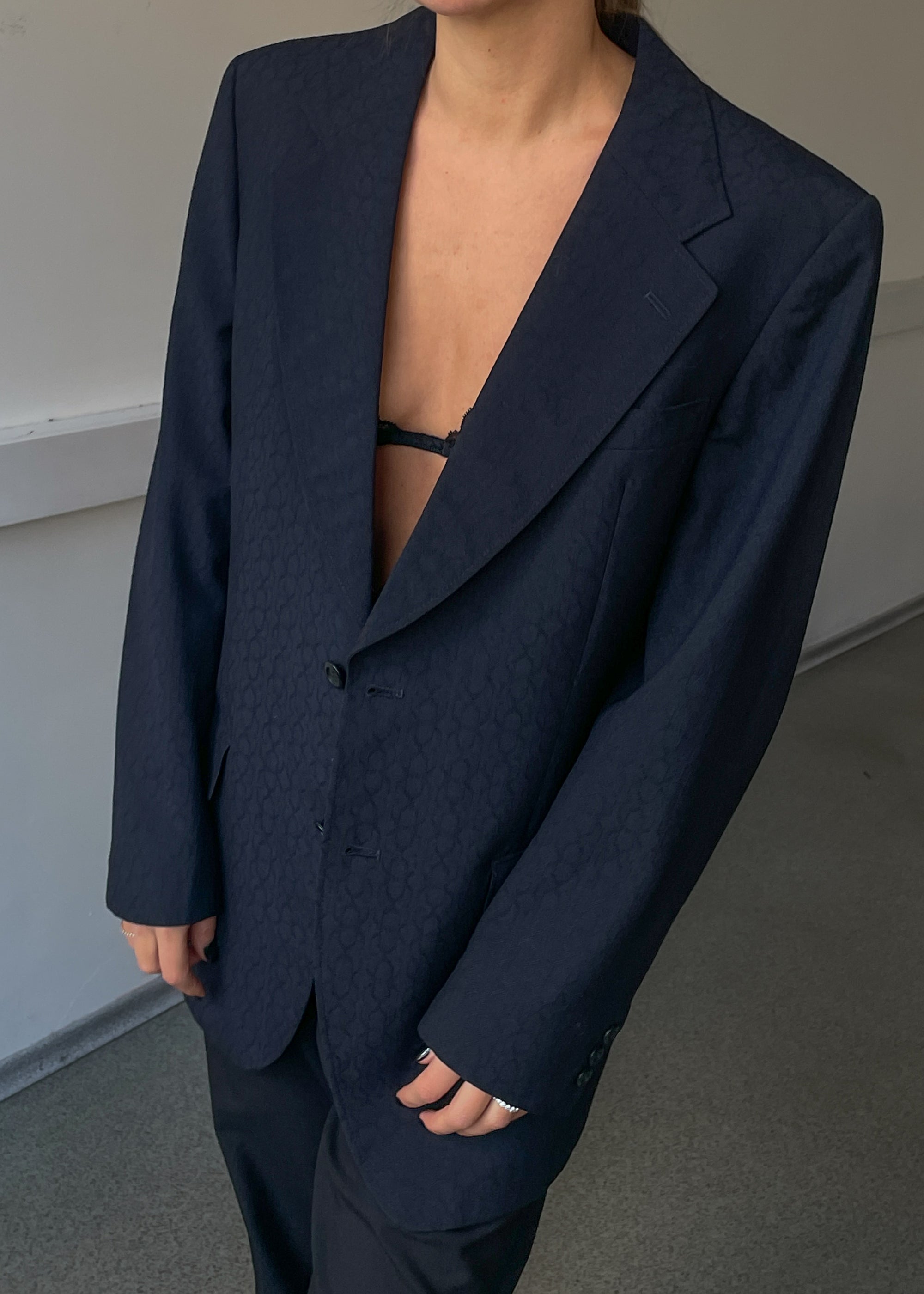 Vintage Navy Blue Patterned Oversized Blazer