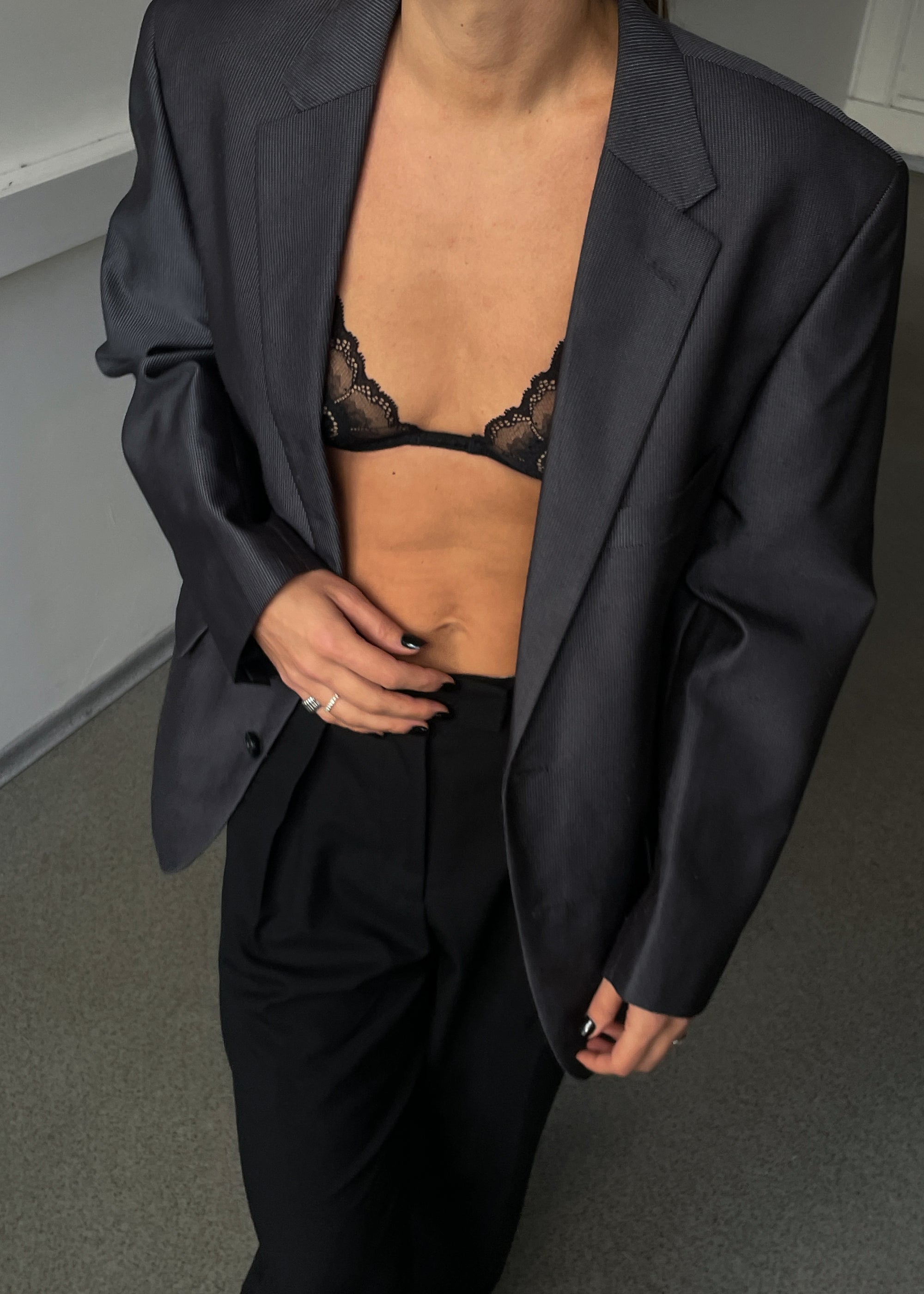 Vintage Shiny Grey Striped Oversized Festive Blazer