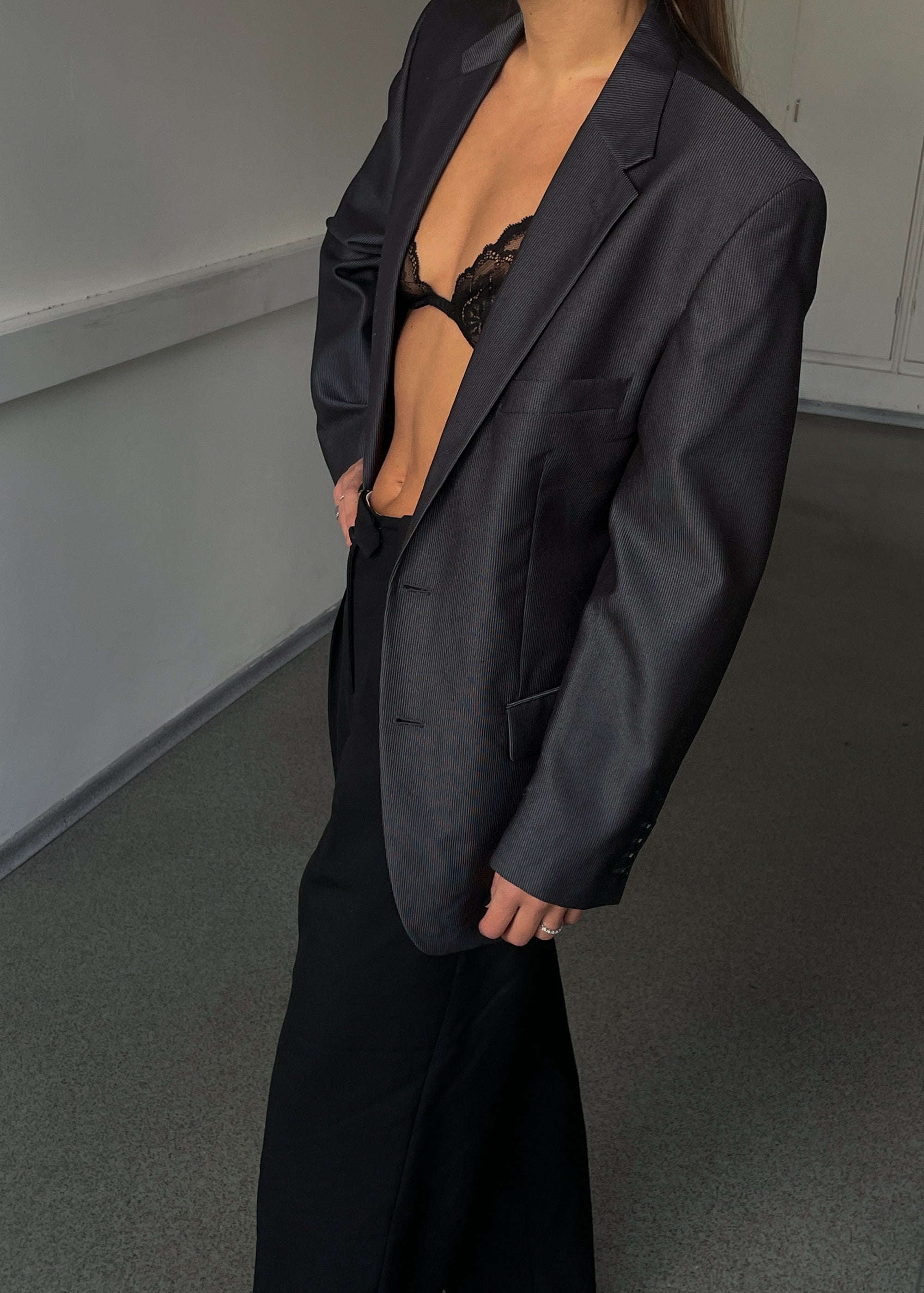 Vintage Shiny Grey Striped Oversized Festive Blazer