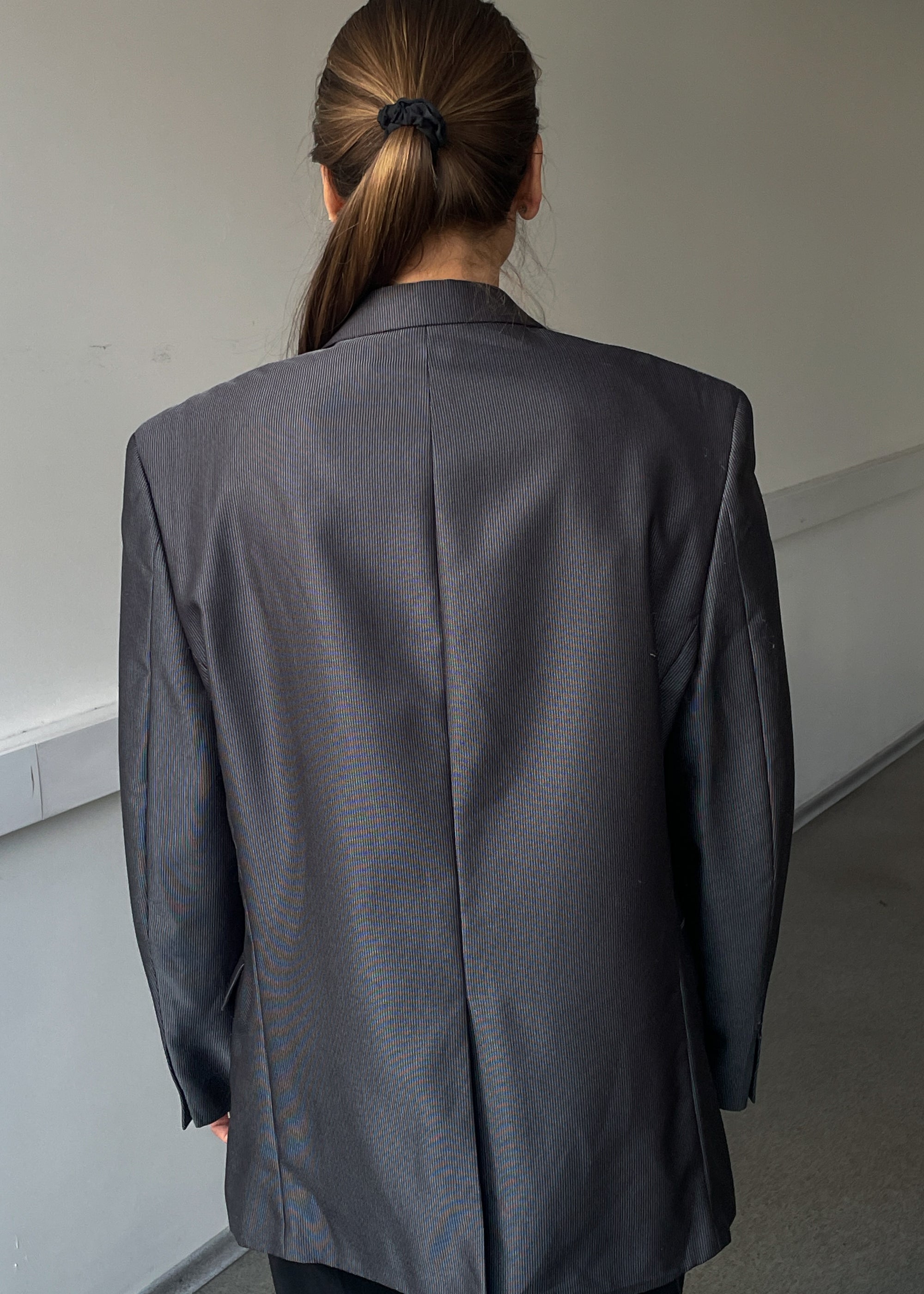 Vintage Shiny Grey Striped Oversized Festive Blazer