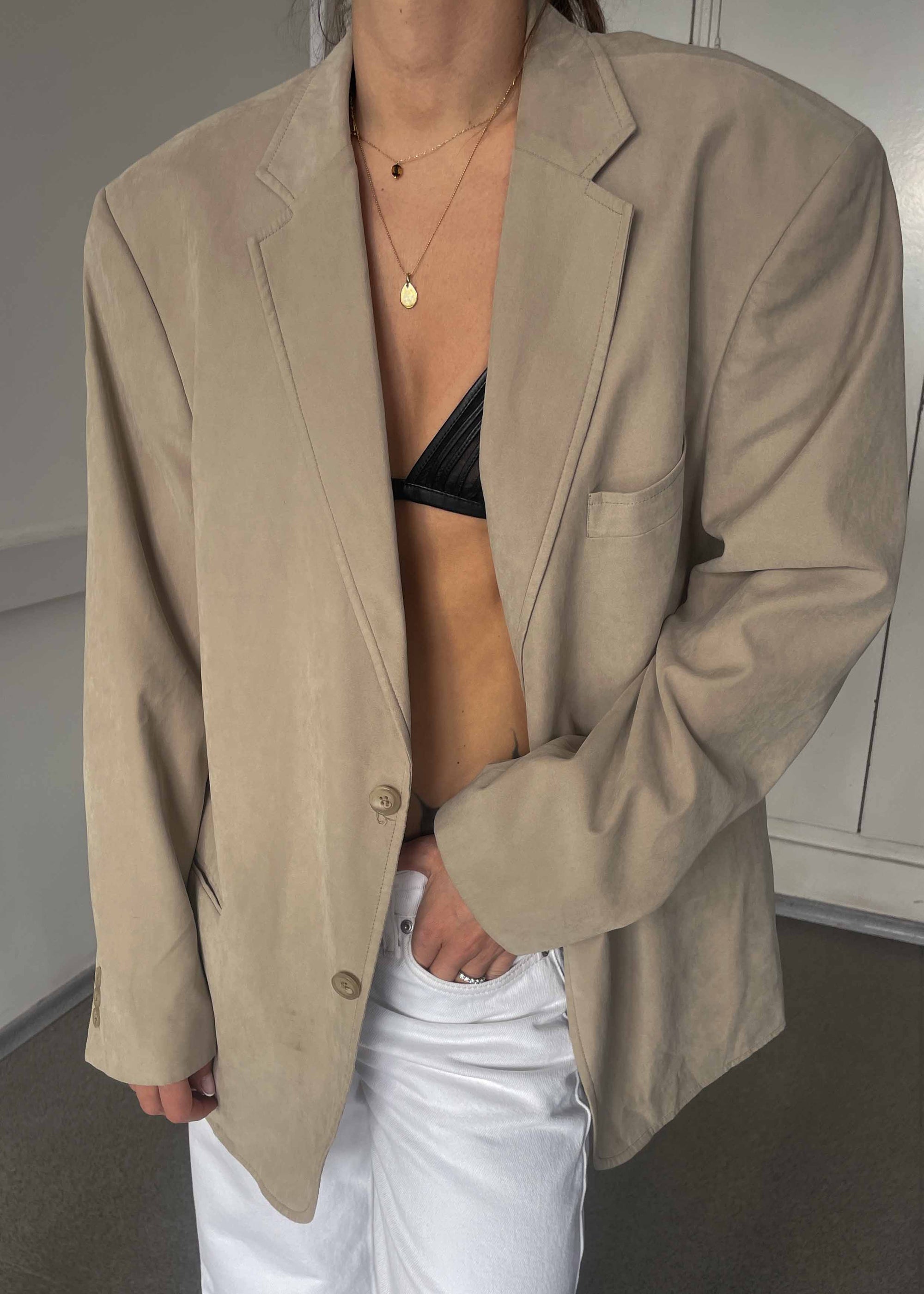 Vintage Beige Cotton Feel Oversized Blazer