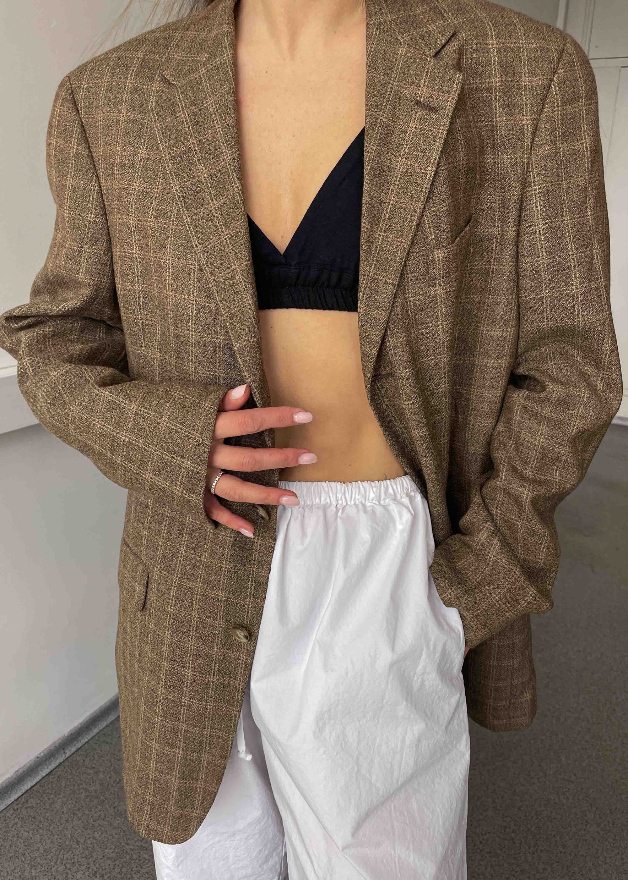 Vintage Brown Checked Oversized Blazer by TOMMY HILFIGER