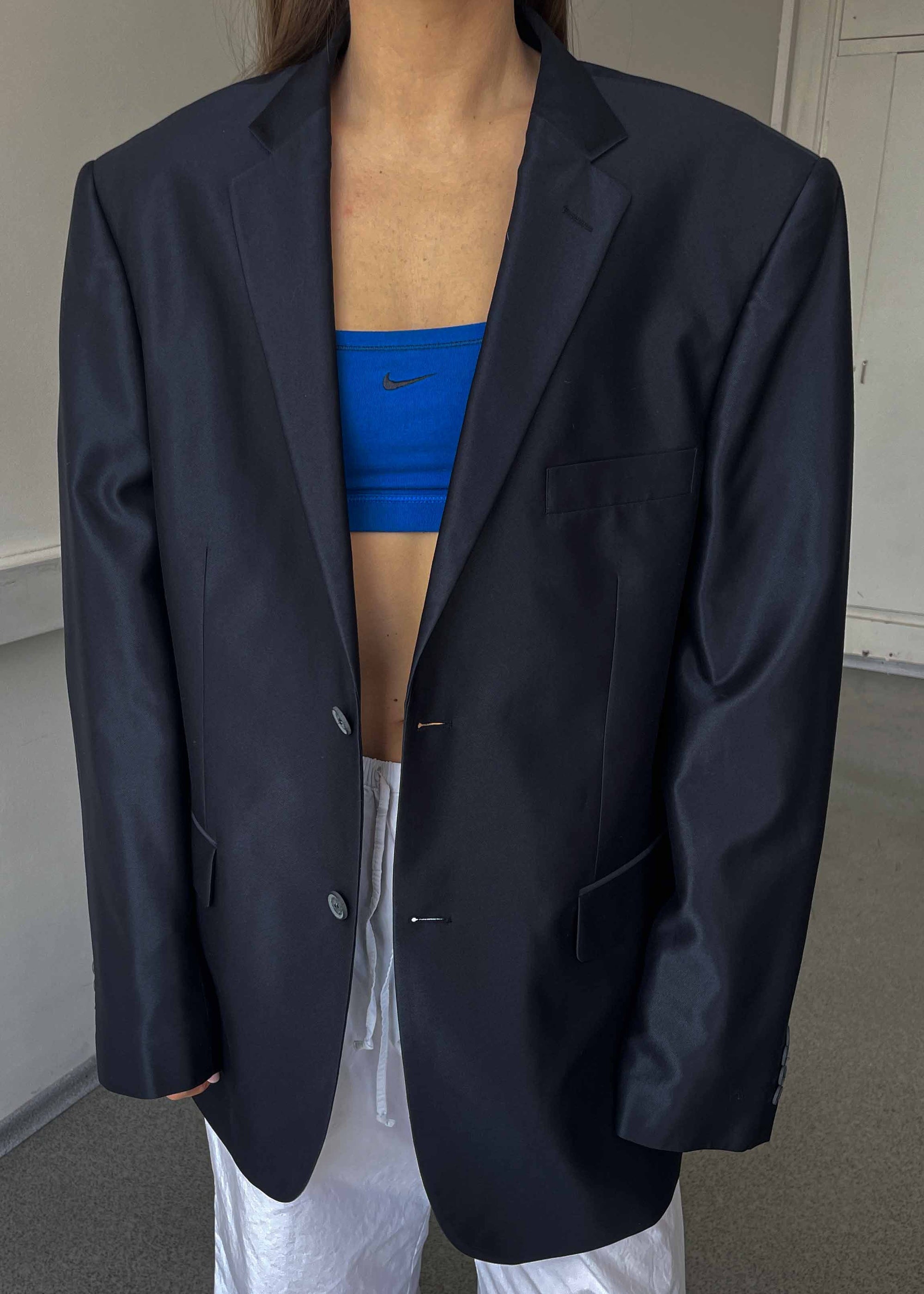 Vintage Dark Blue Luxurious Oversized Blazer with Shiny Finish