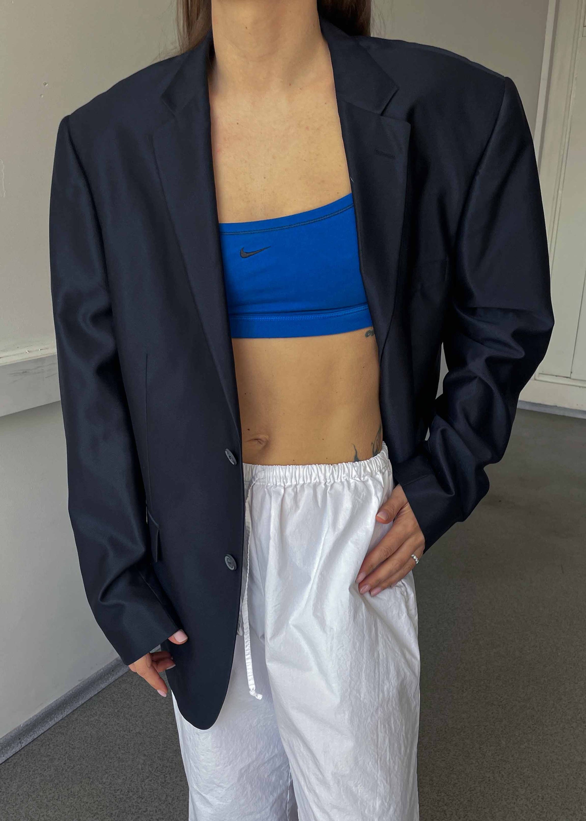 Vintage Dark Blue Luxurious Oversized Blazer with Shiny Finish