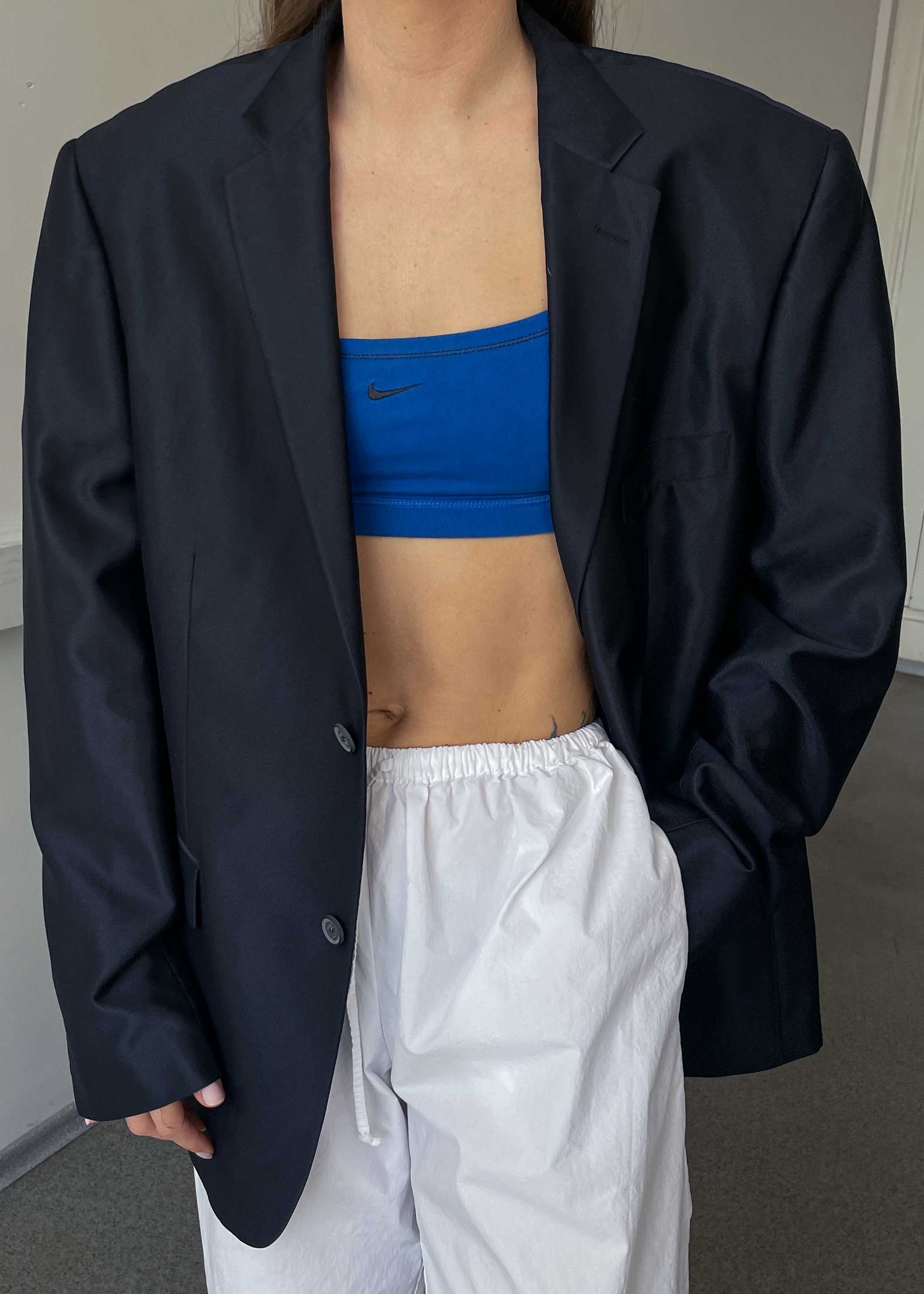 Vintage Dark Blue Luxurious Oversized Blazer with Shiny Finish