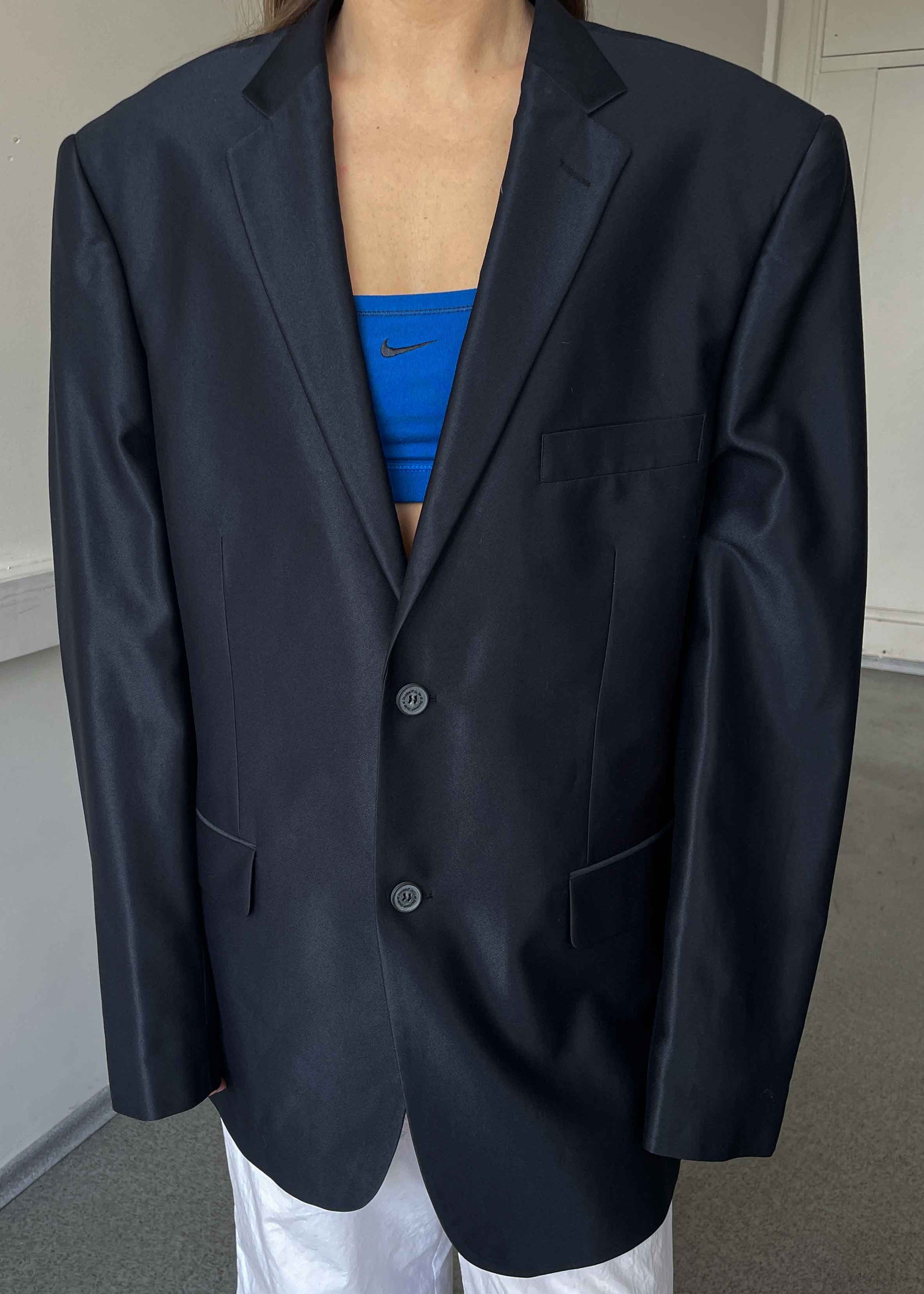 Vintage Dark Blue Luxurious Oversized Blazer with Shiny Finish