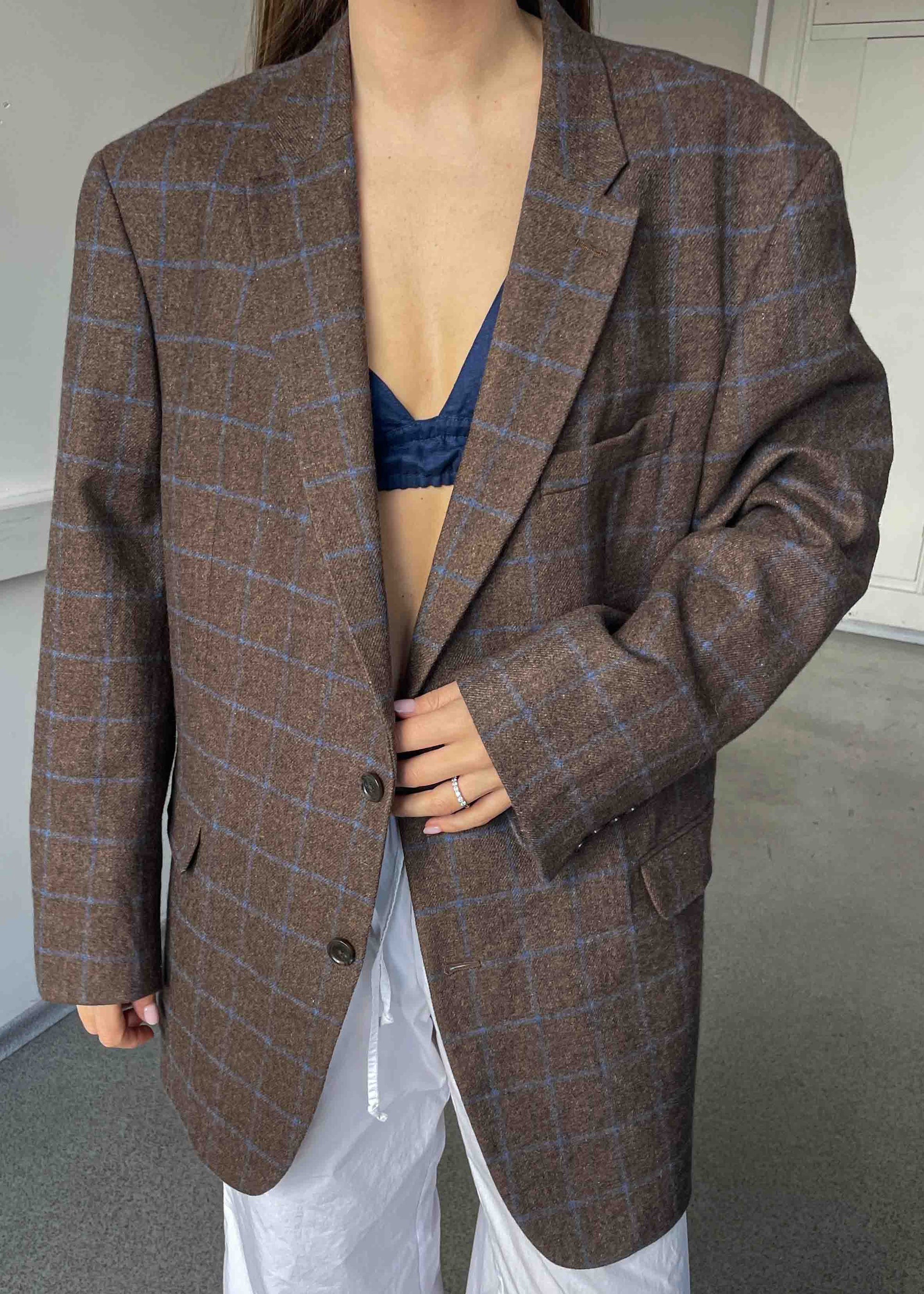 Vintage  Brown Checked Oversized Blazer by TOMMY HILFIGER