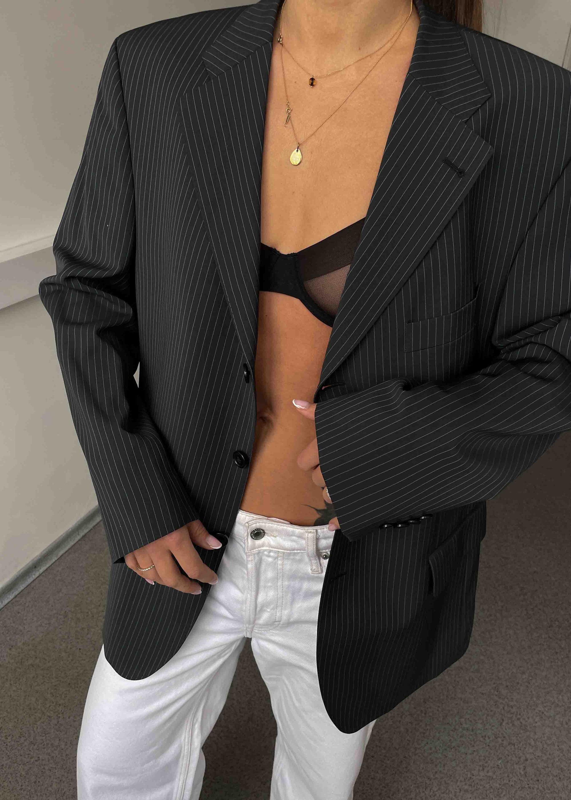 Vintage Grey Striped Oversized 100% WOOL Blazer