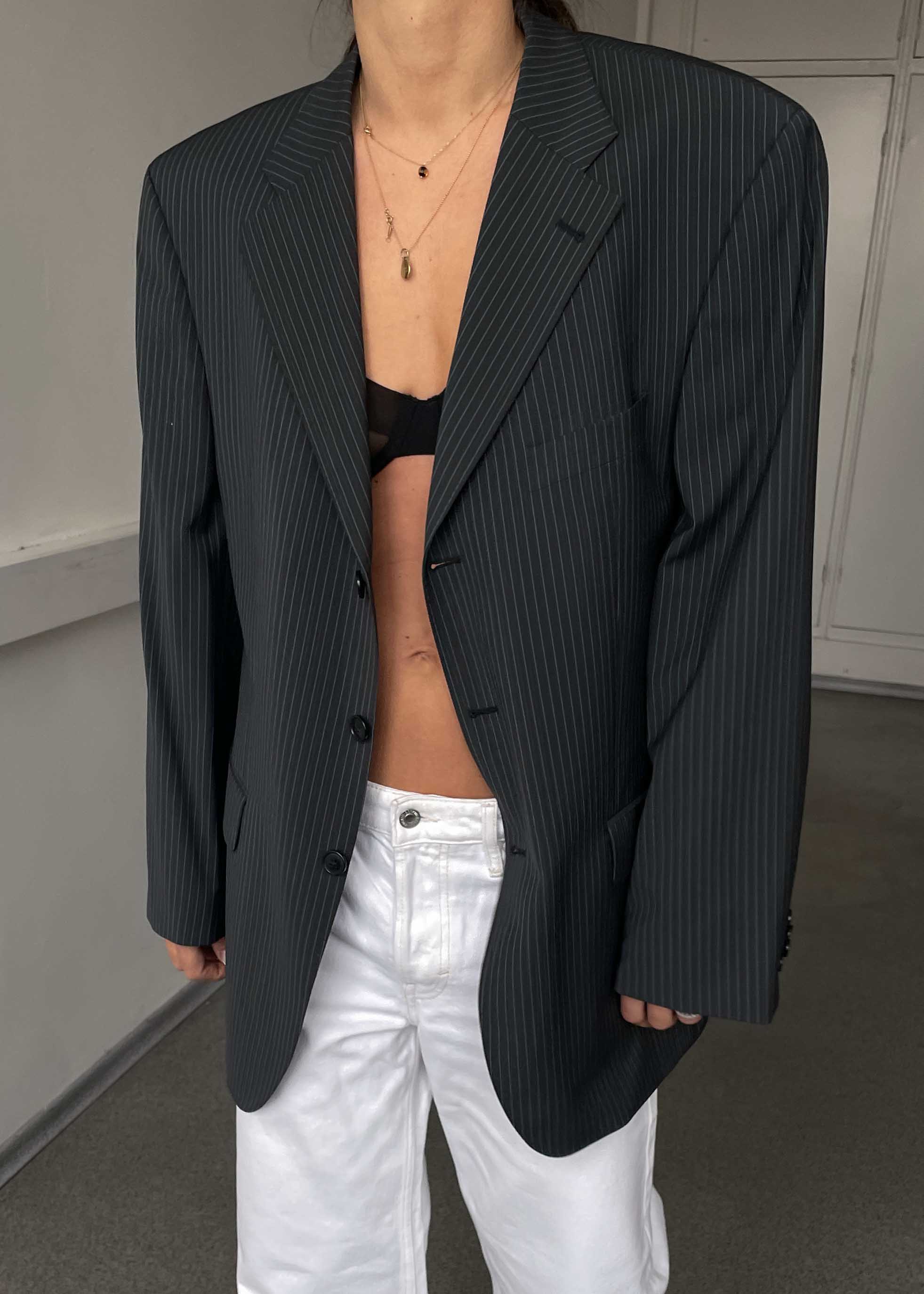 Vintage Grey Striped Oversized 100% WOOL Blazer