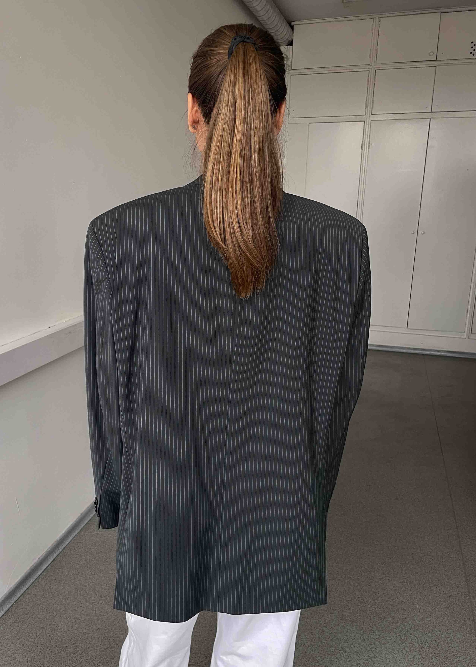 Vintage Grey Striped Oversized 100% WOOL Blazer