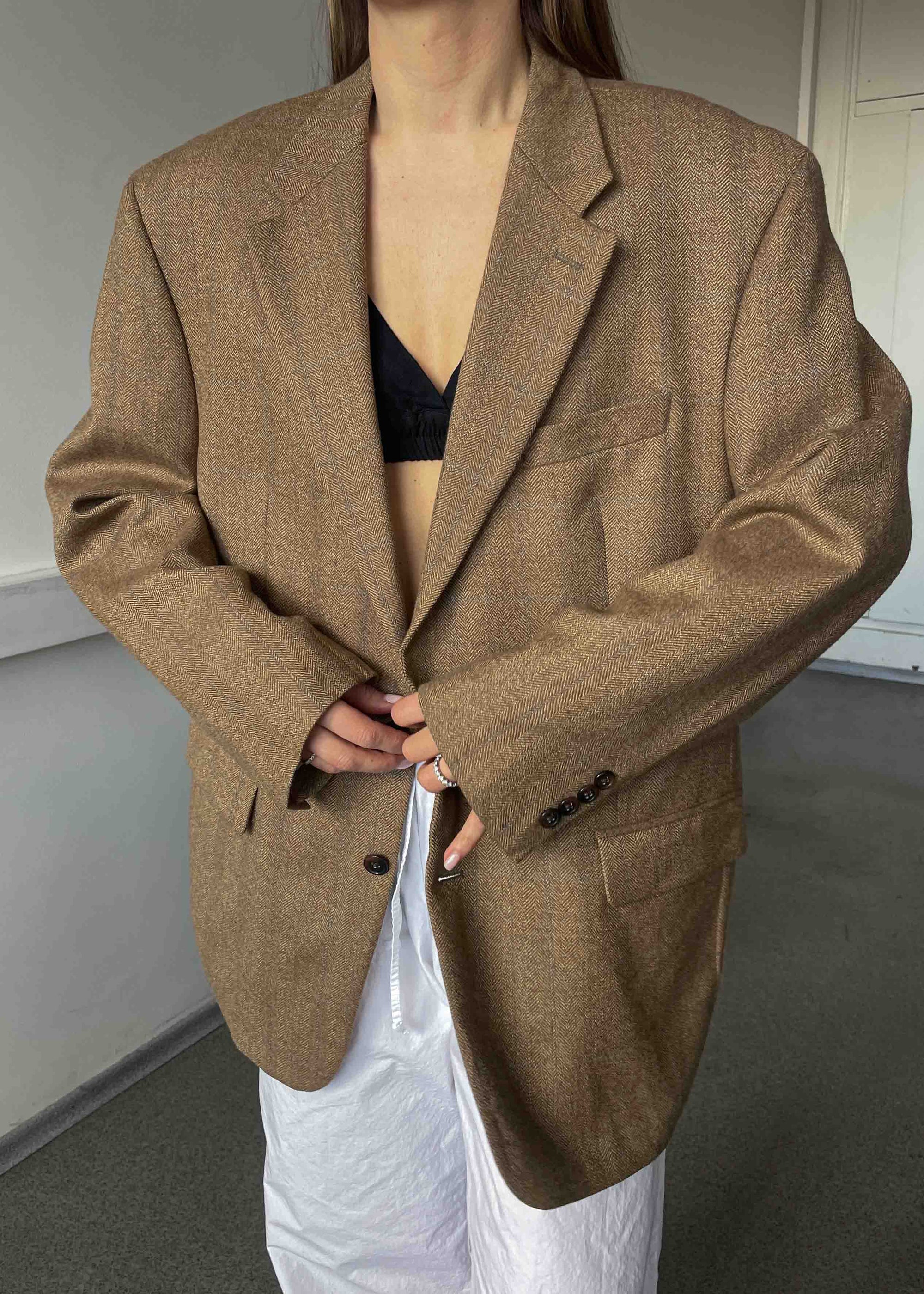 Vintage Brown Herringbone Print Blazer by RALPH LAUREN