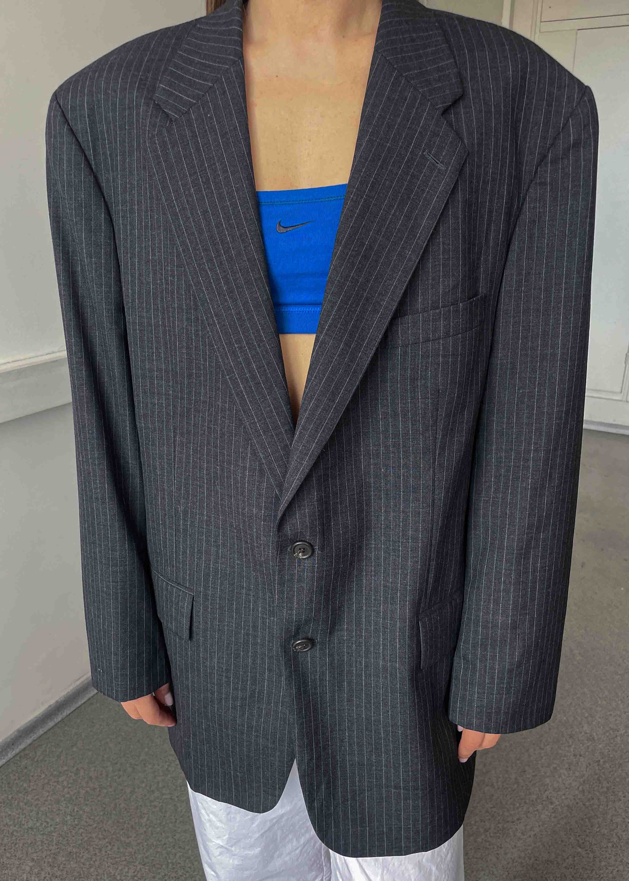 Vintage Grey Striped Oversized Blazer by Chaps by RALPH LAUREN