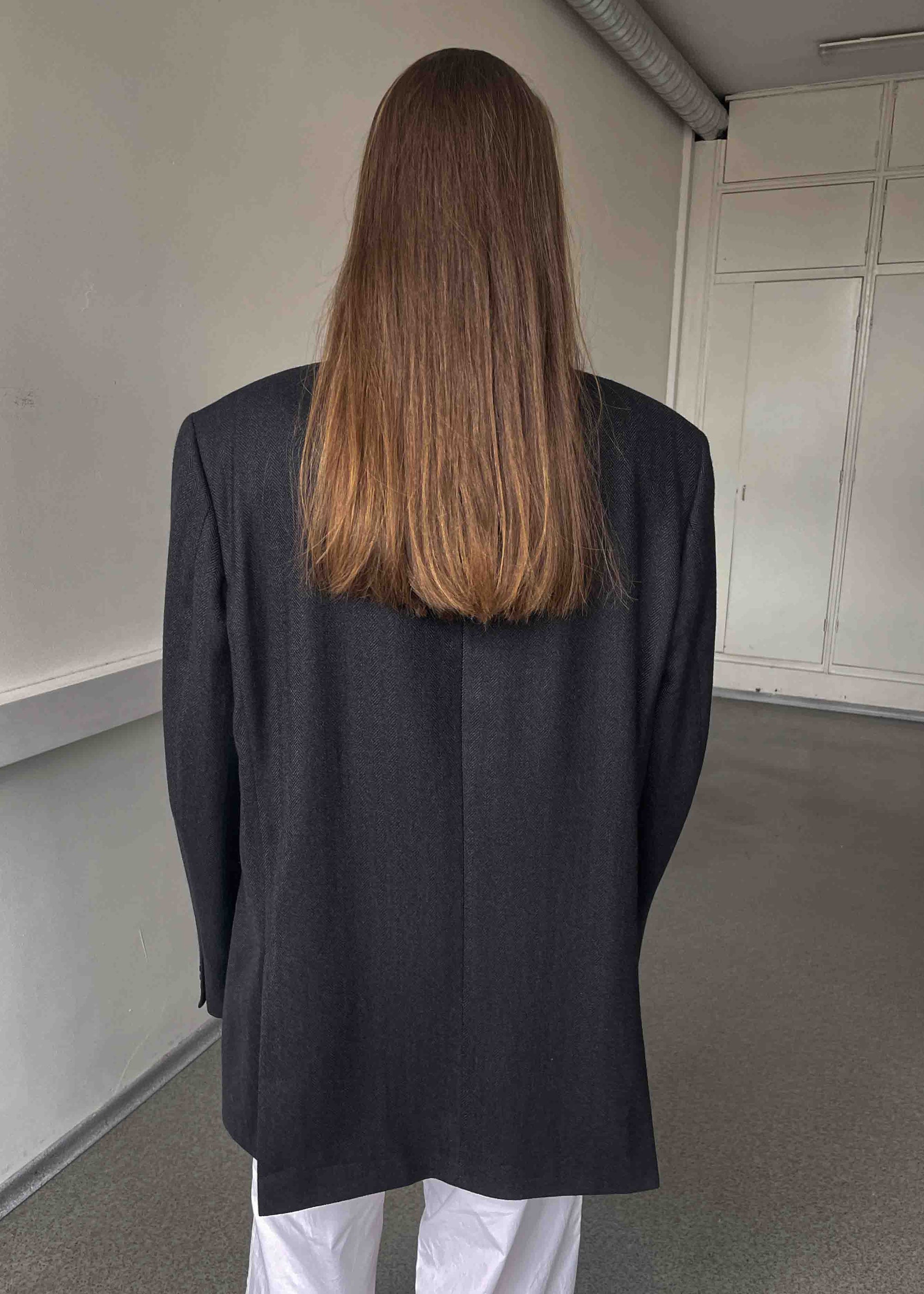 Vintage Dark Grey Herringbone Print Oversized Blazer