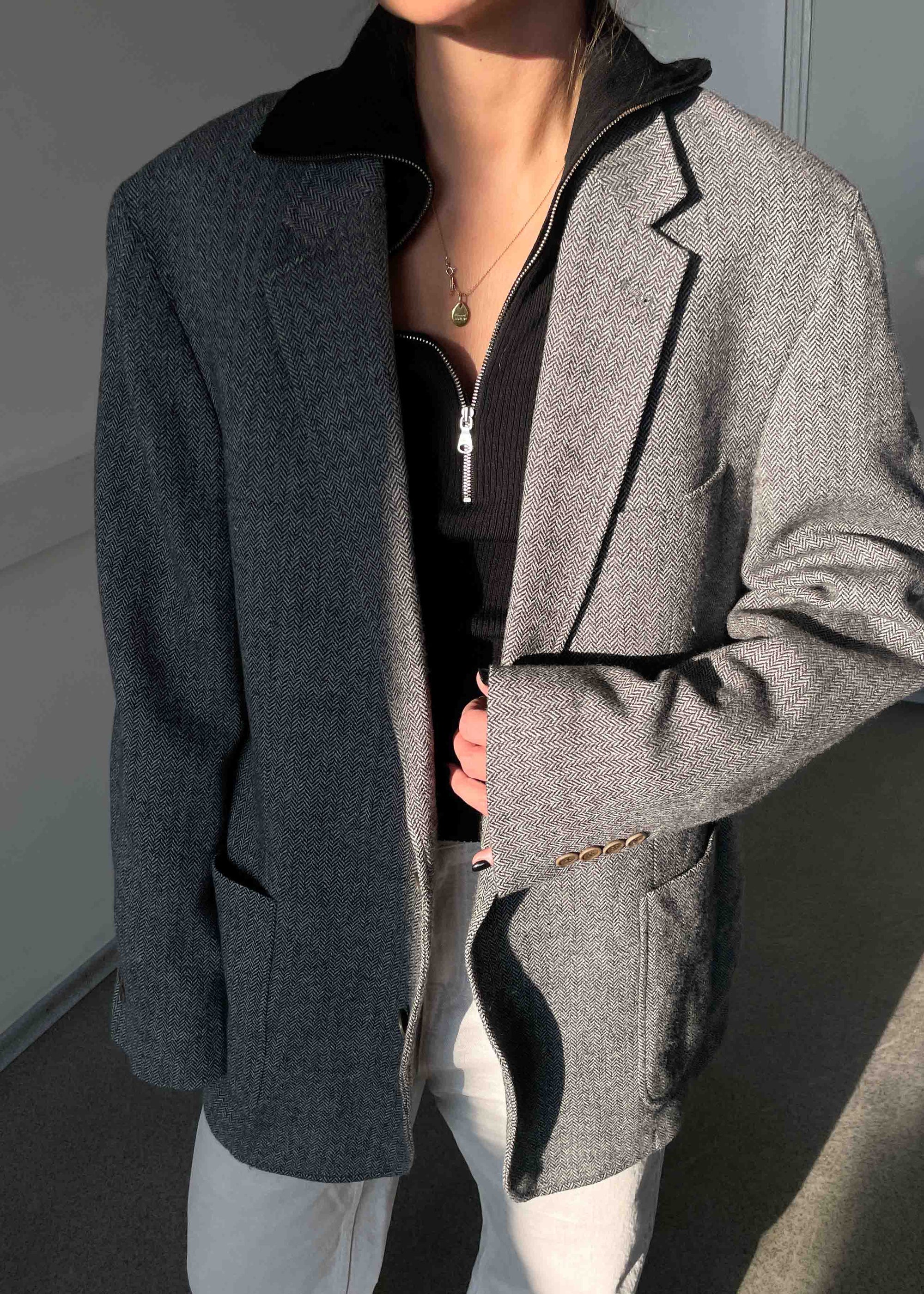 Vintage Grey Herringbone Print Oversized Blazer