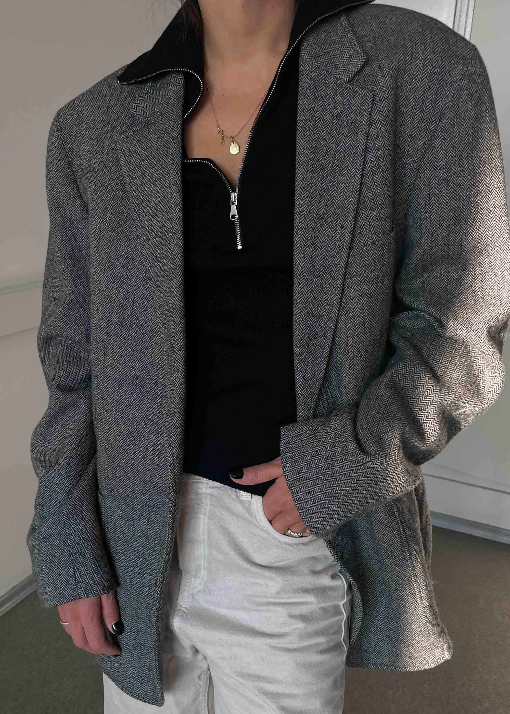 Vintage Grey Herringbone Print Oversized Blazer