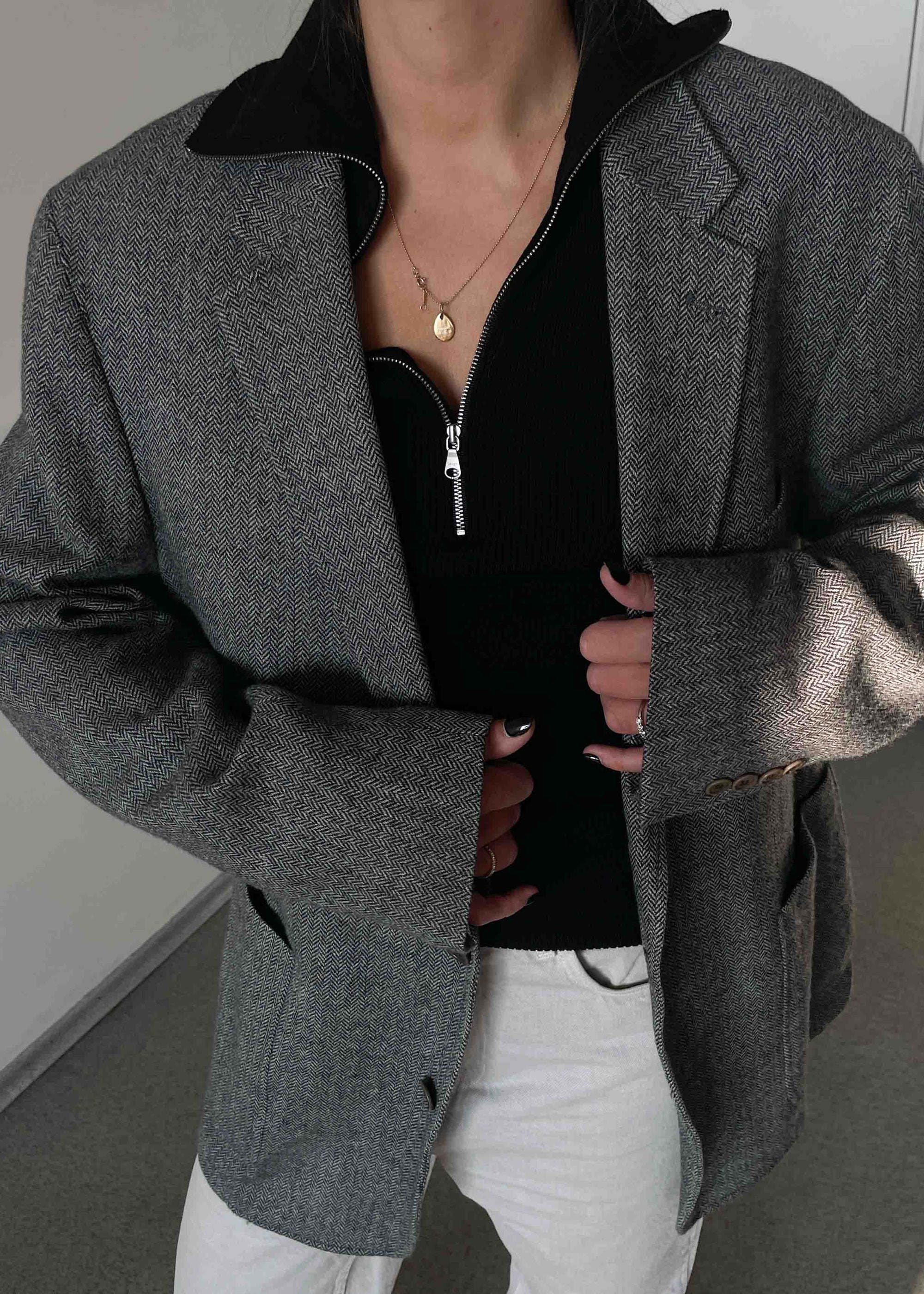 Vintage Grey Herringbone Print Oversized Blazer