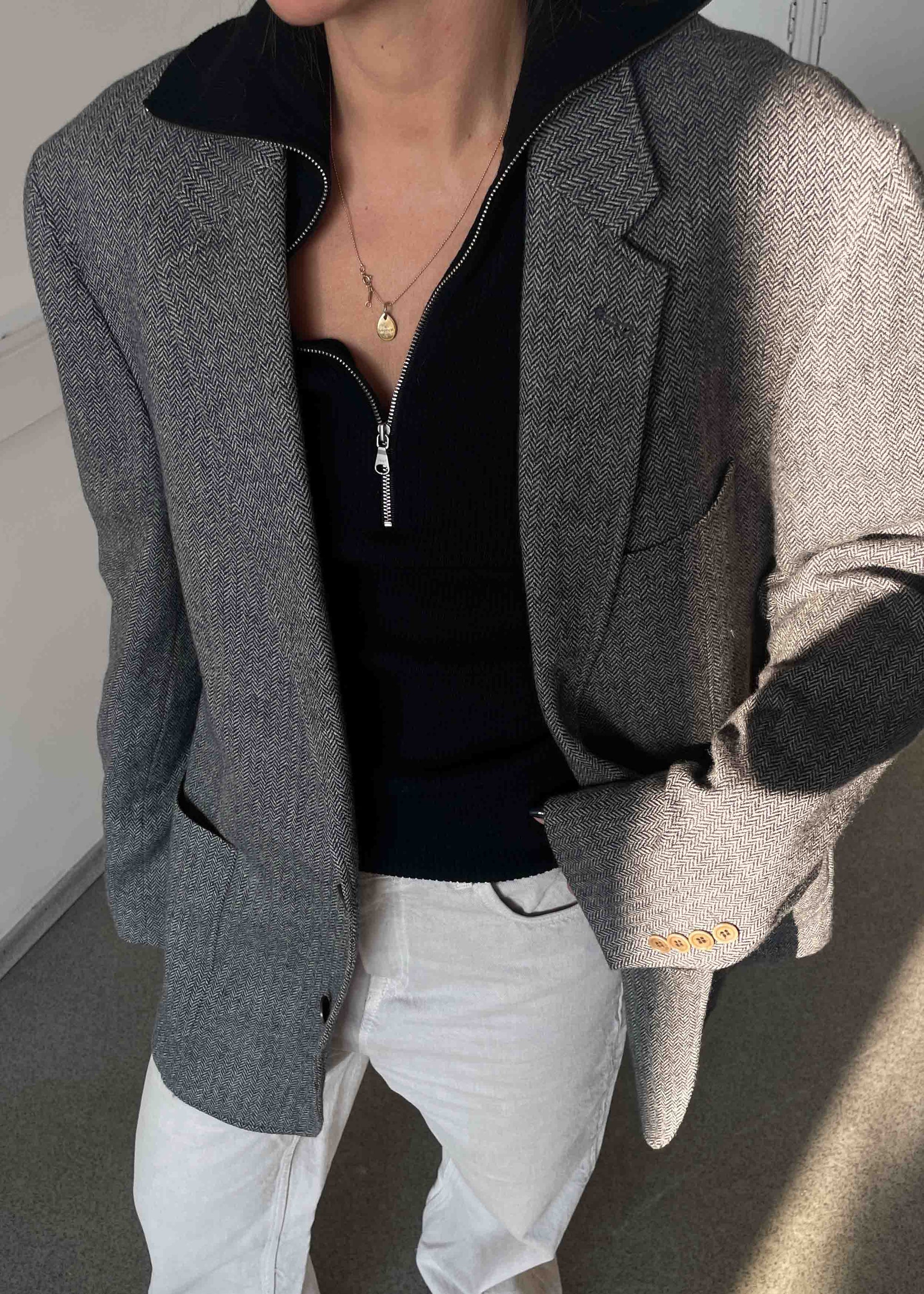 Vintage Grey Herringbone Print Oversized Blazer