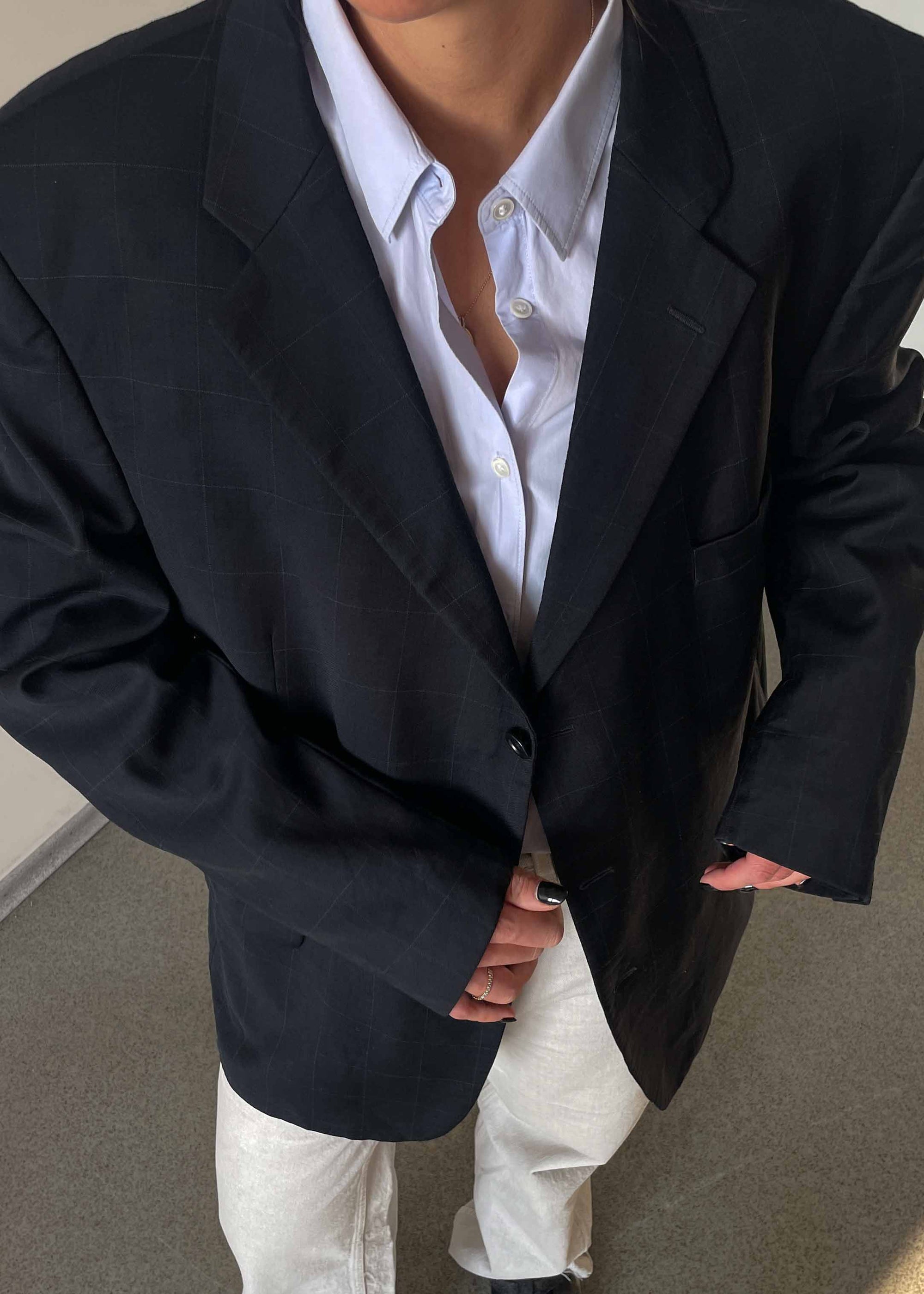 Vintage Blue Checked Oversized 100% WOOL Blazer