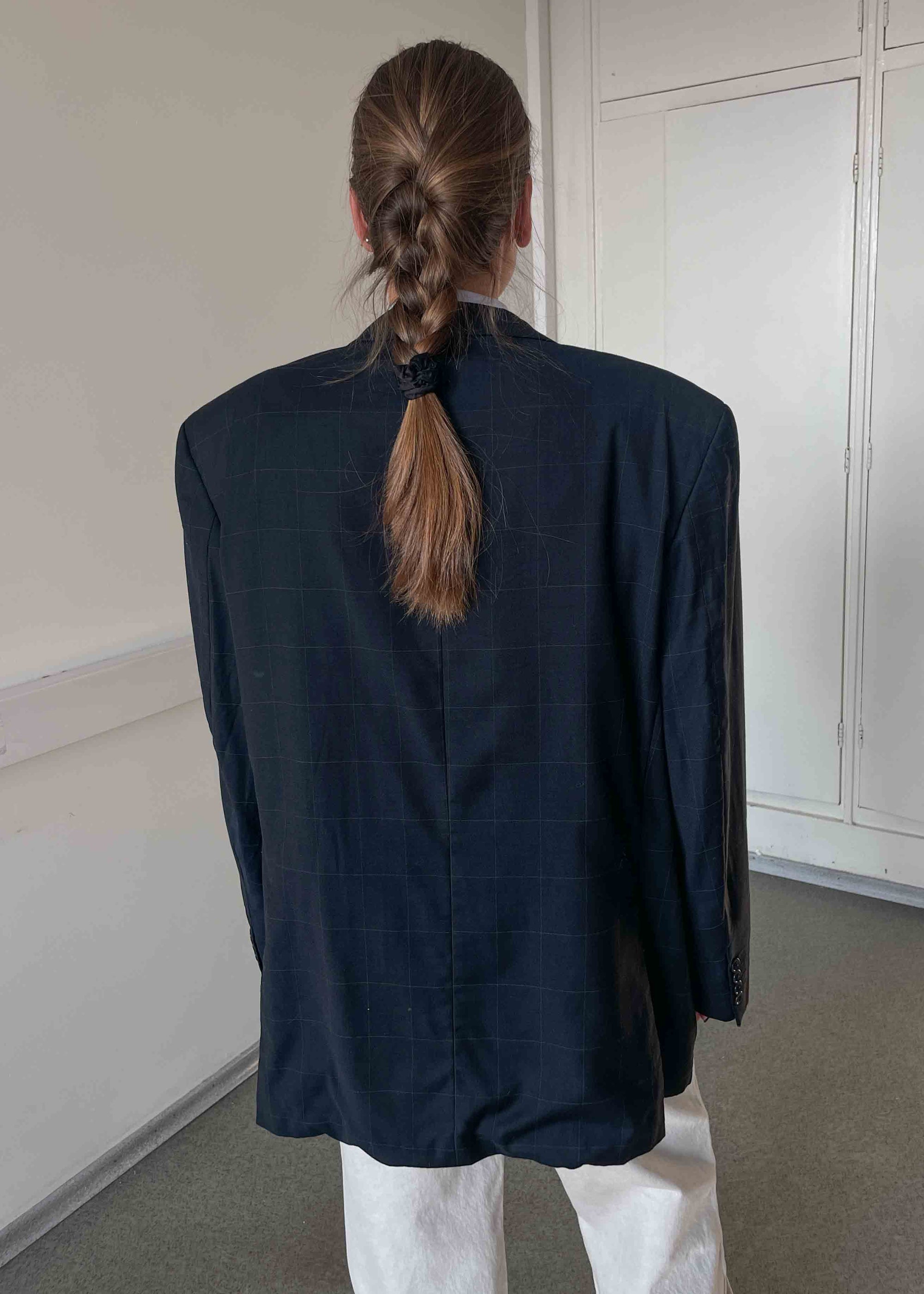 Vintage Blue Checked Oversized 100% WOOL Blazer