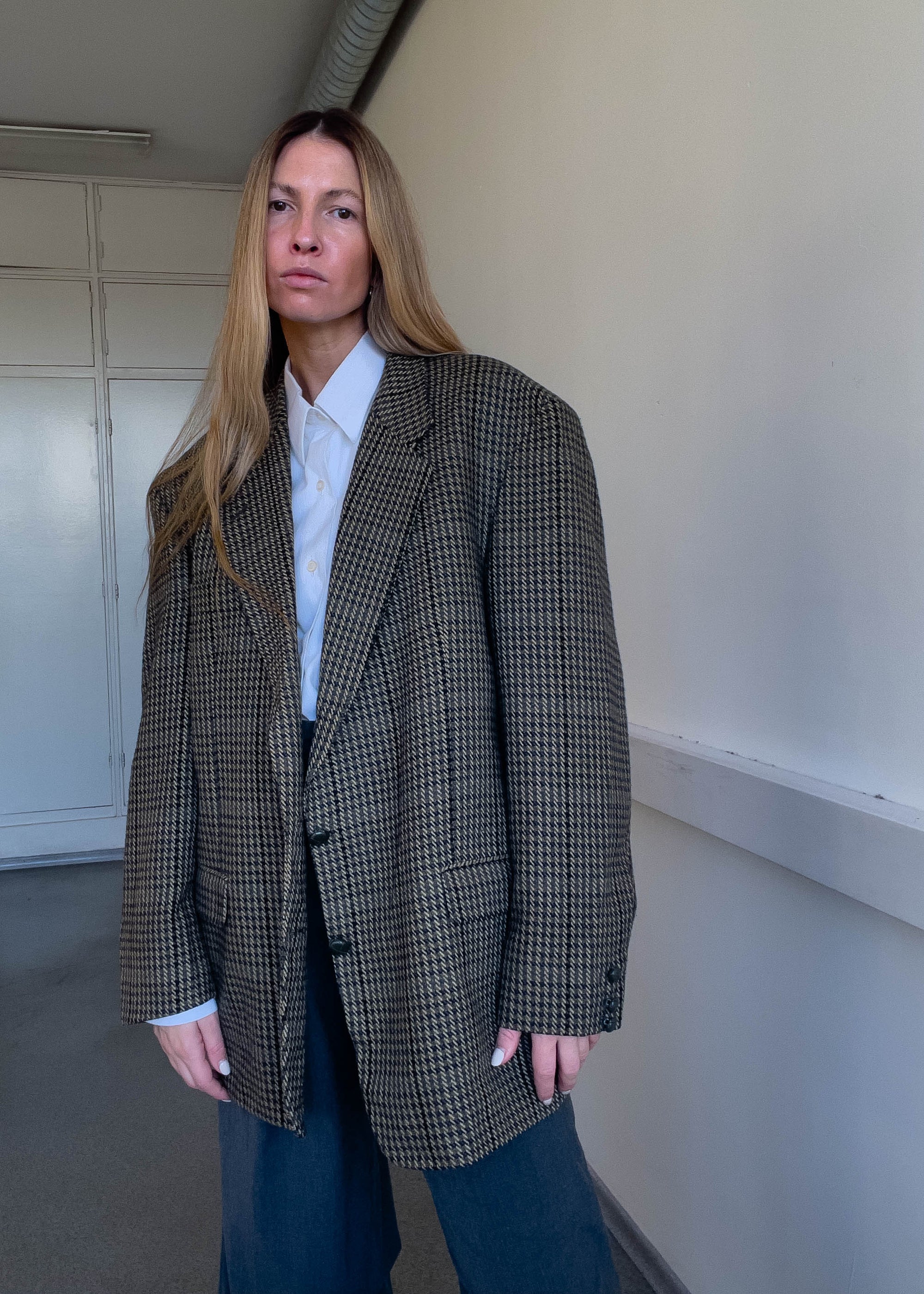 Vintage Green Checked Oversized Blazer