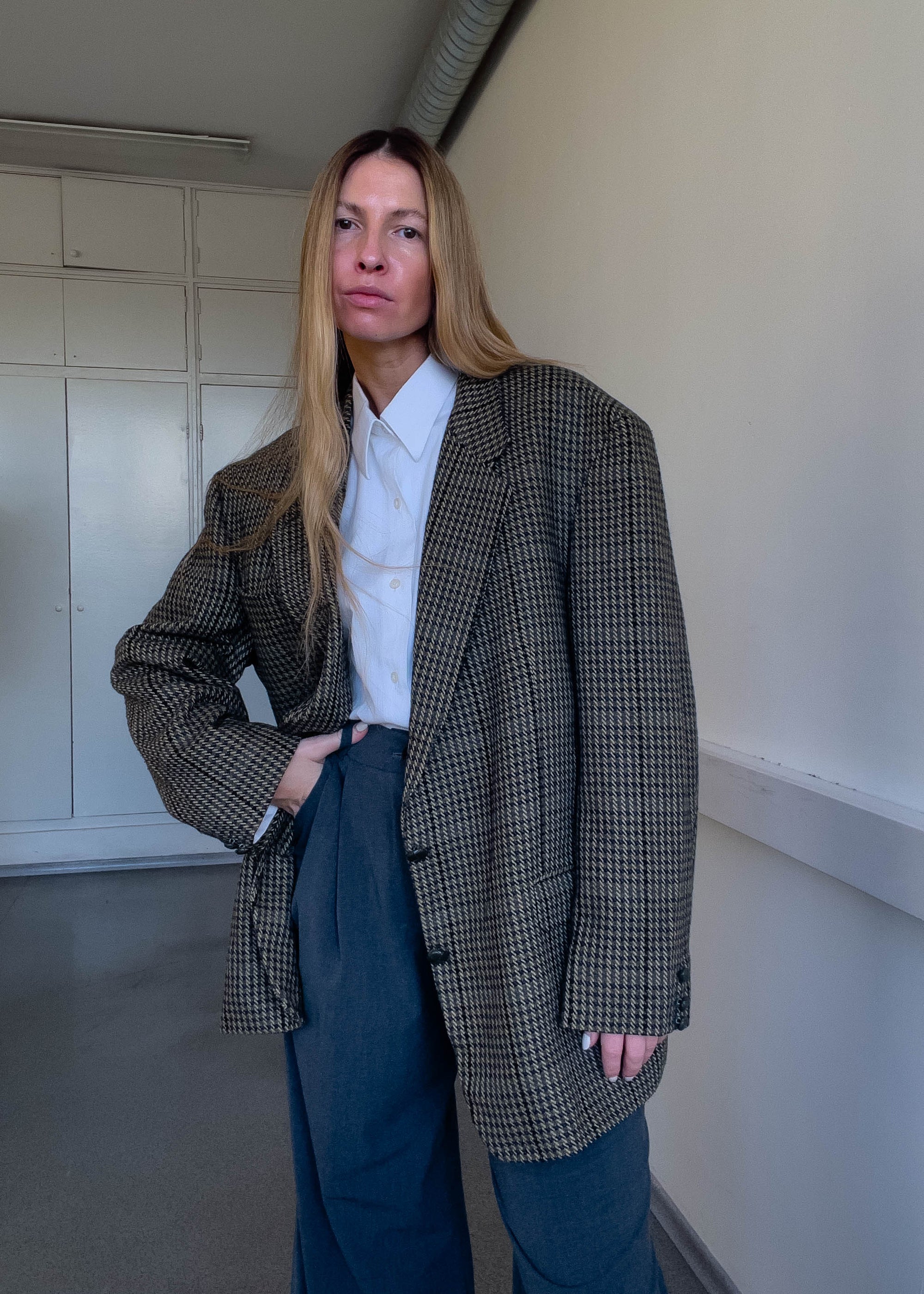 Vintage Green Checked Oversized Blazer