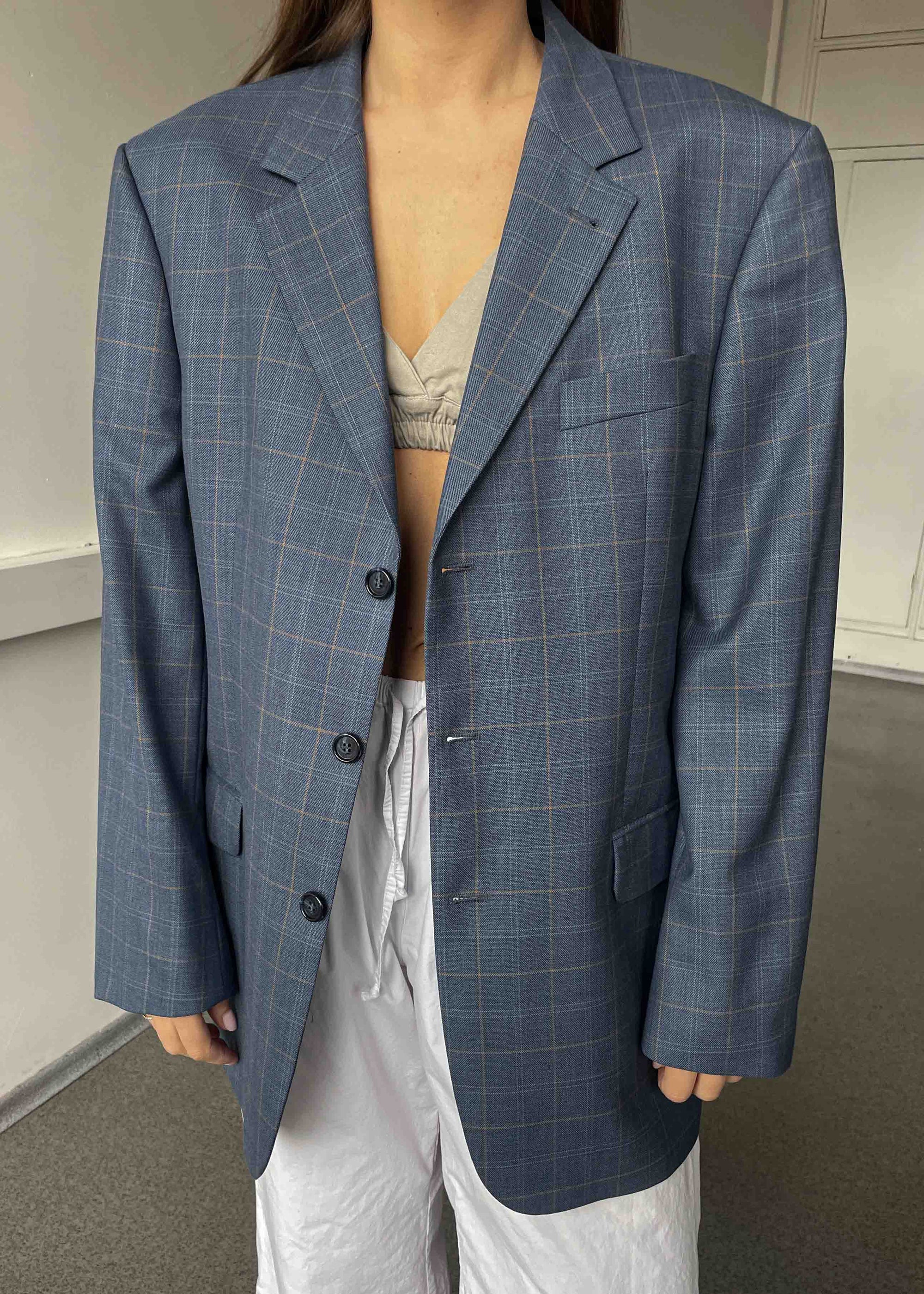 Vintage Light Blue Checked Oversized Blazer
