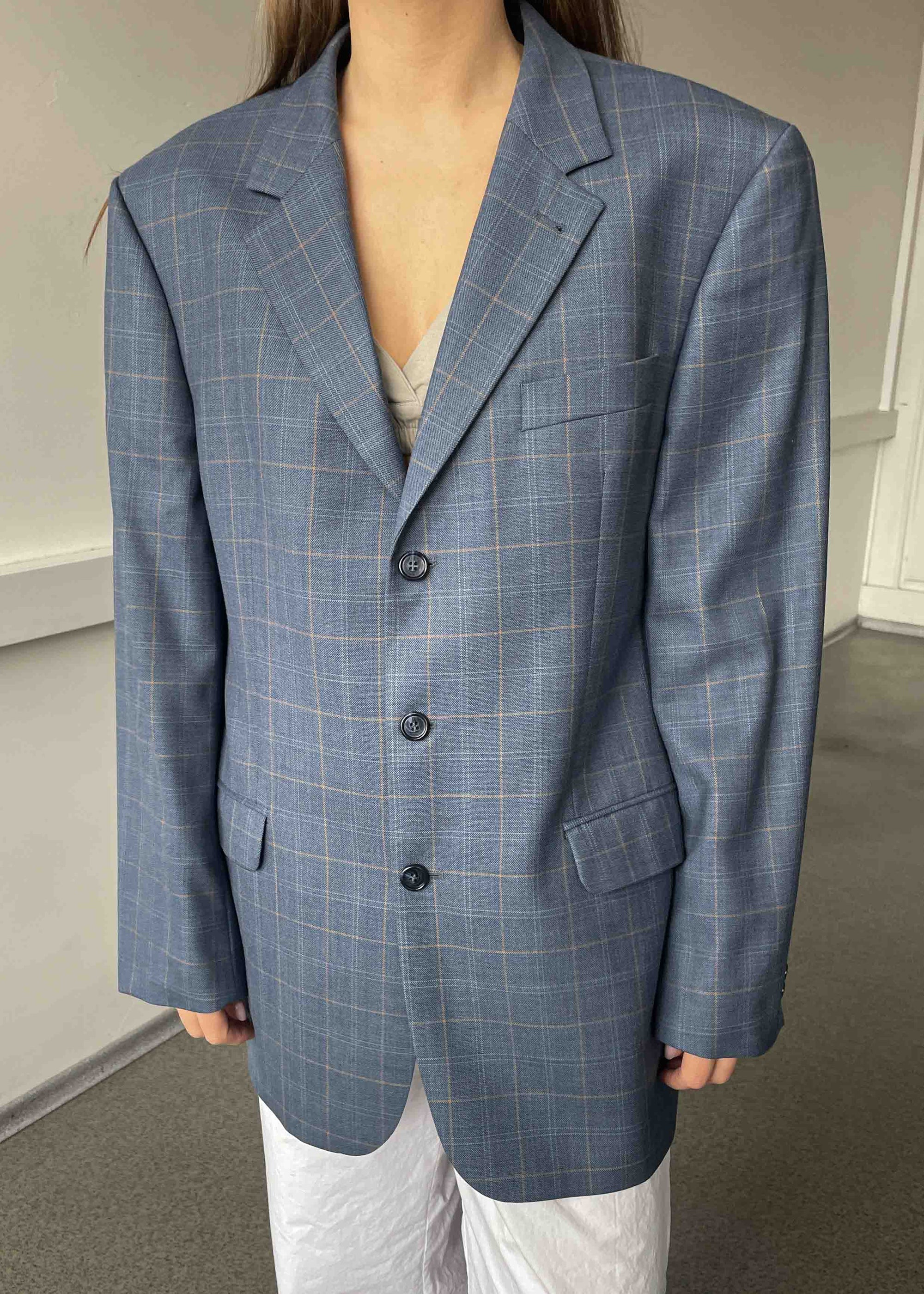 Vintage Light Blue Checked Oversized Blazer