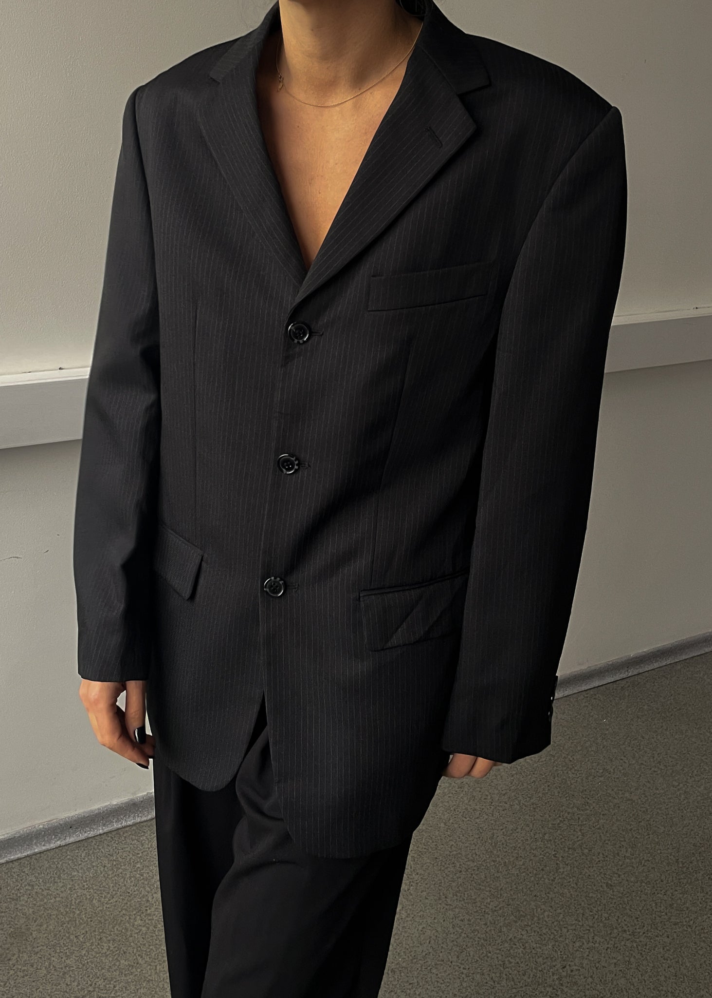 Vintage Dark Grey Striped Oversized Blazer