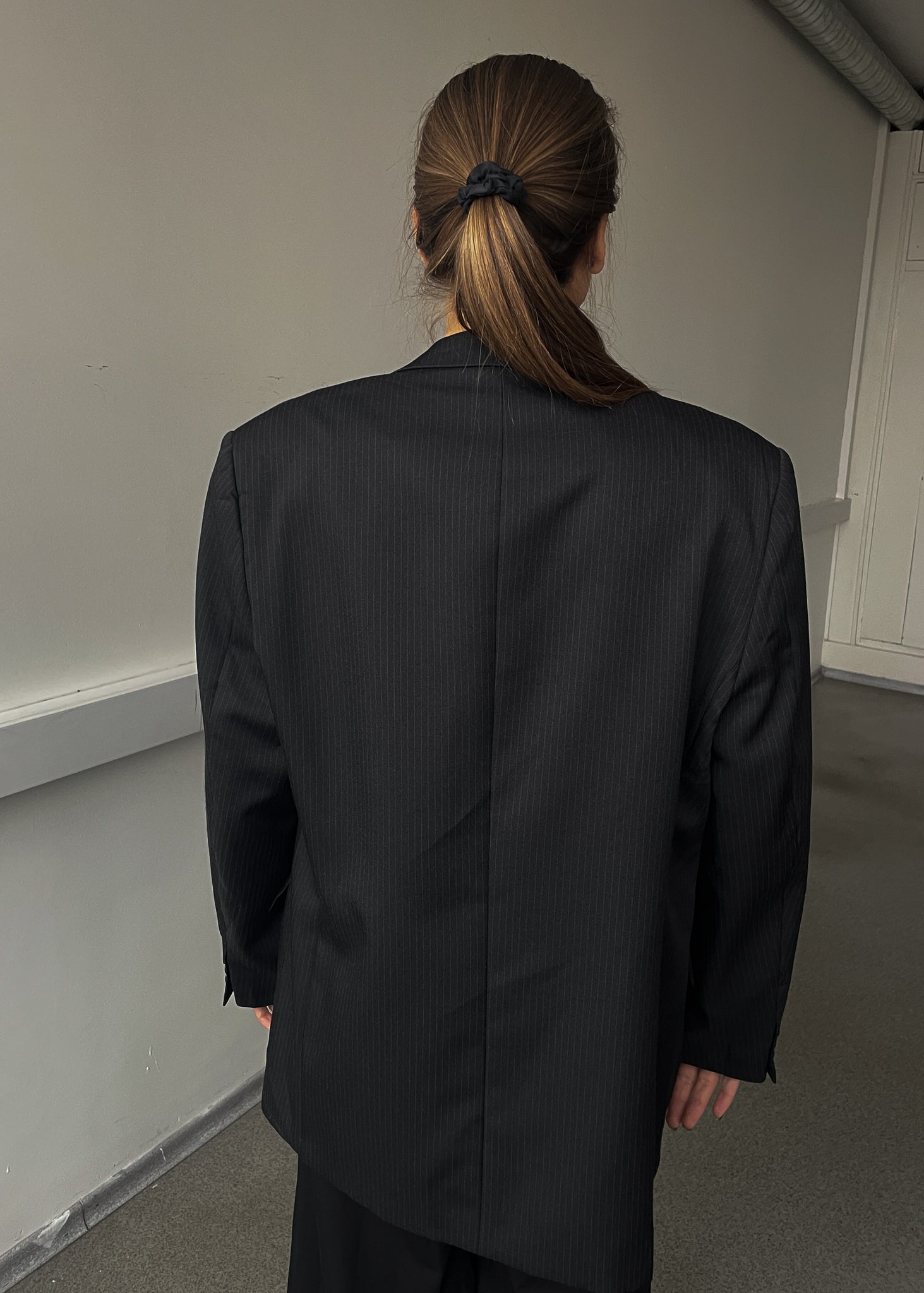 Vintage Dark Grey Striped Oversized Blazer