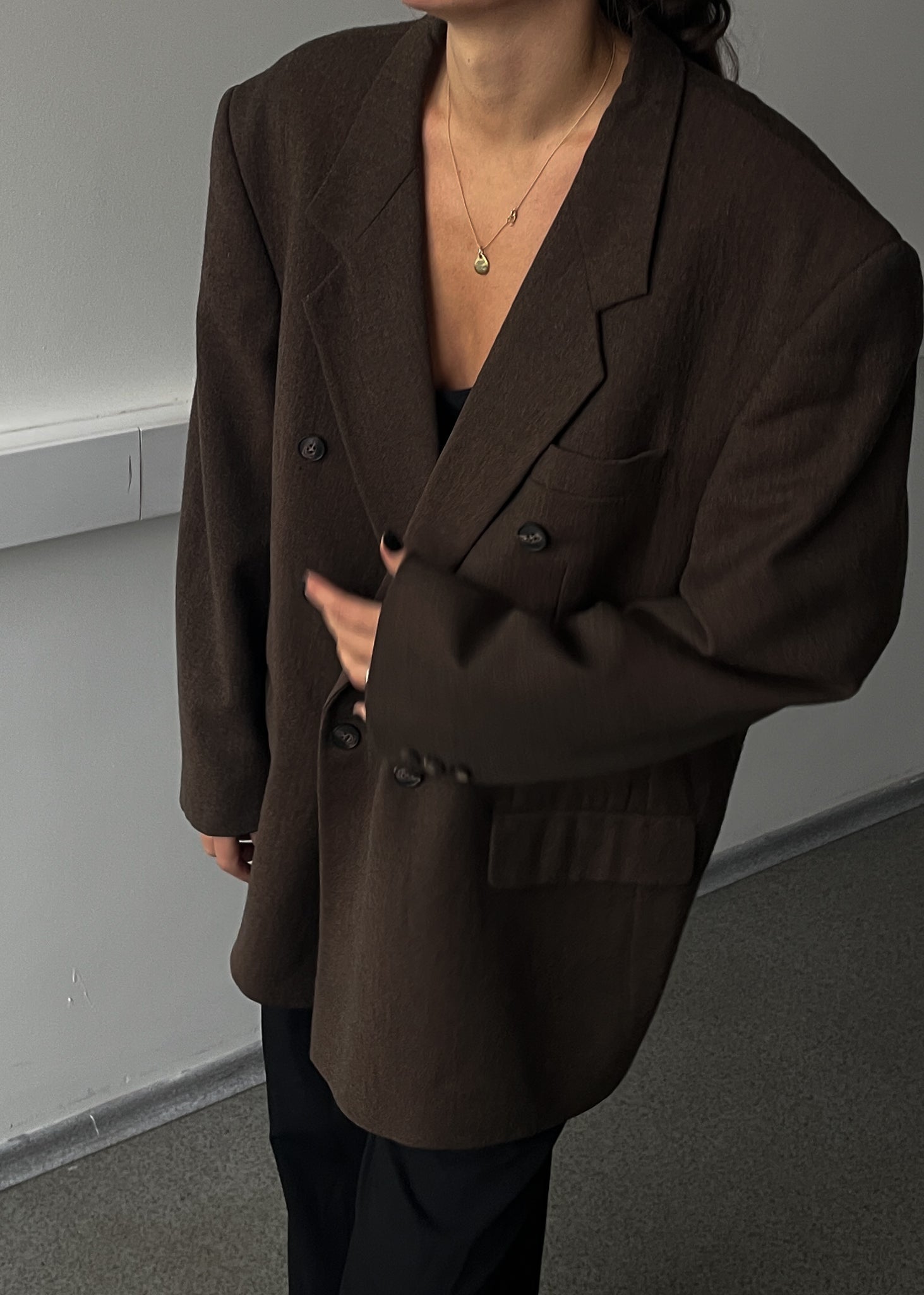 Vintage Brown Oversized Double-Breasted Blazer in Soft Brushed Wool