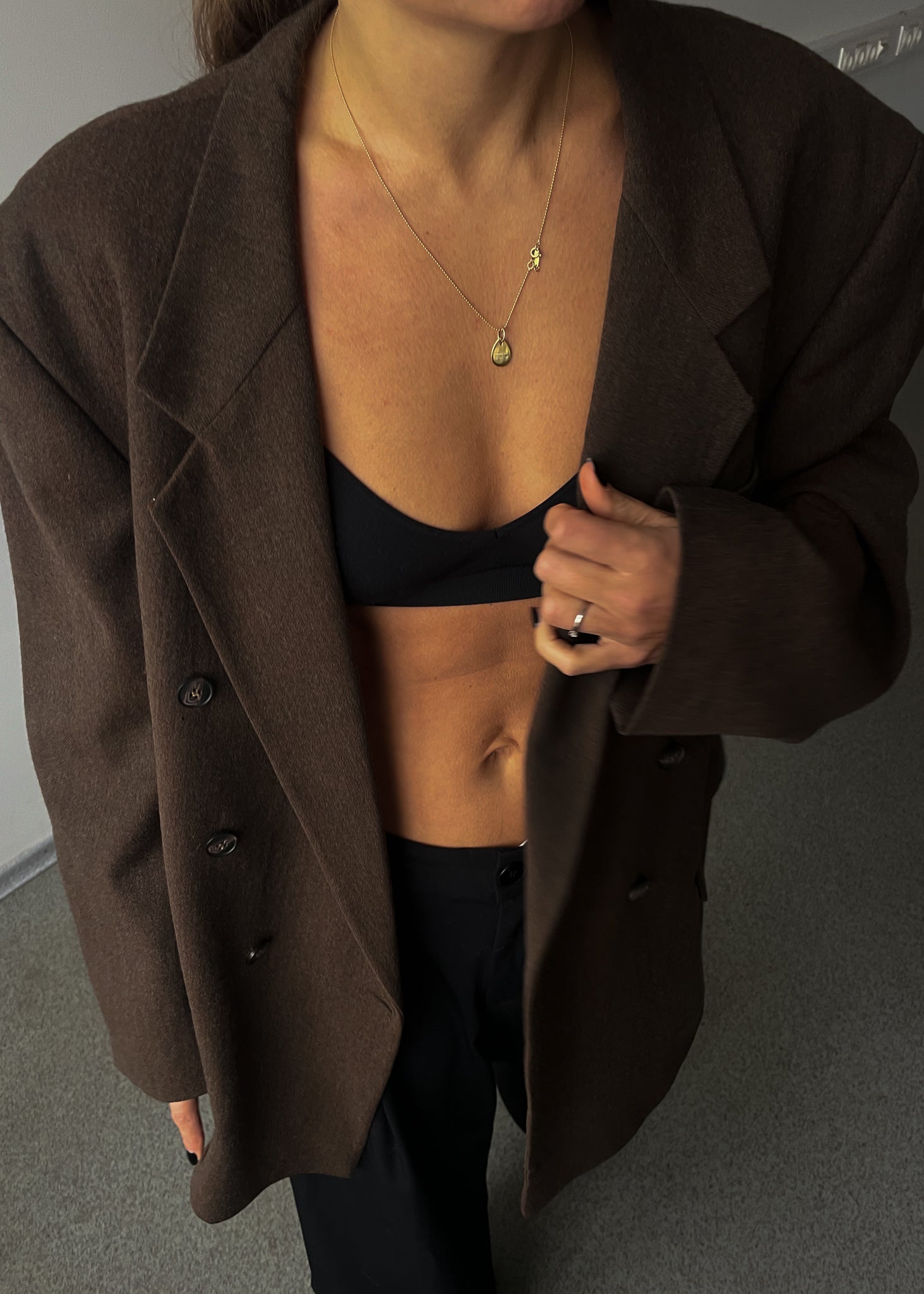 Vintage Brown Oversized Double-Breasted Blazer in Soft Brushed Wool