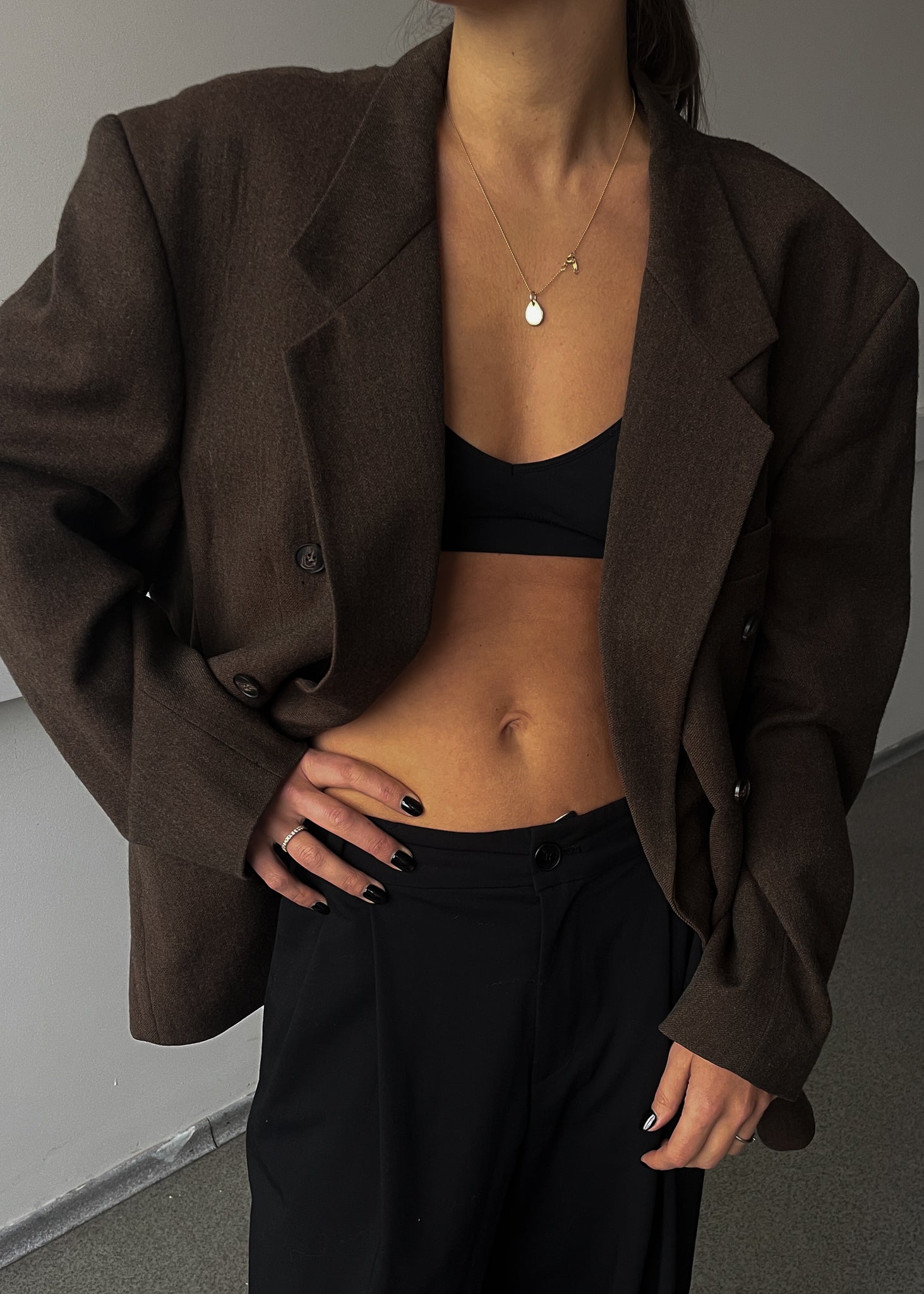 Vintage Brown Oversized Double-Breasted Blazer in Soft Brushed Wool
