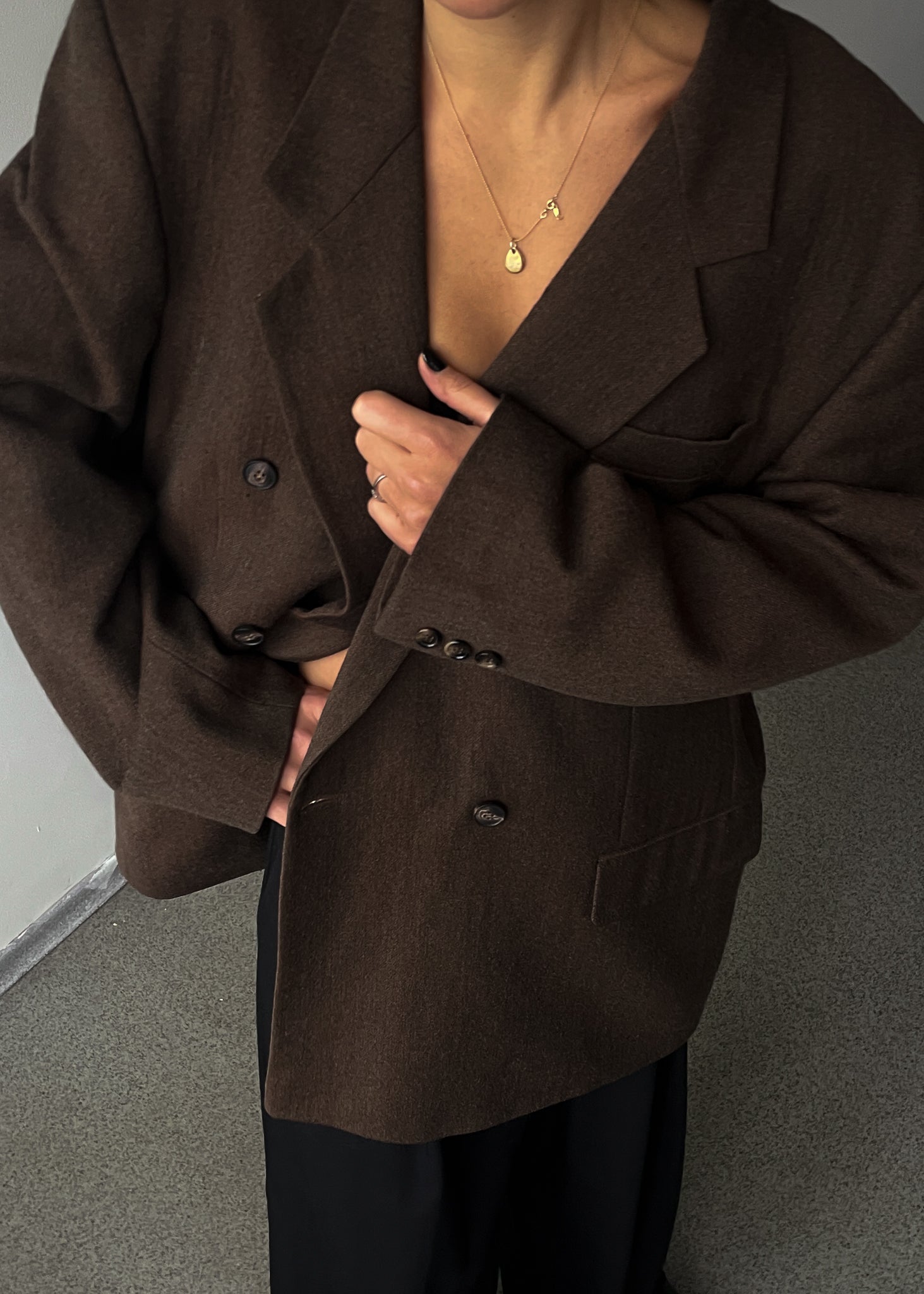 Vintage Brown Oversized Double-Breasted Blazer in Soft Brushed Wool