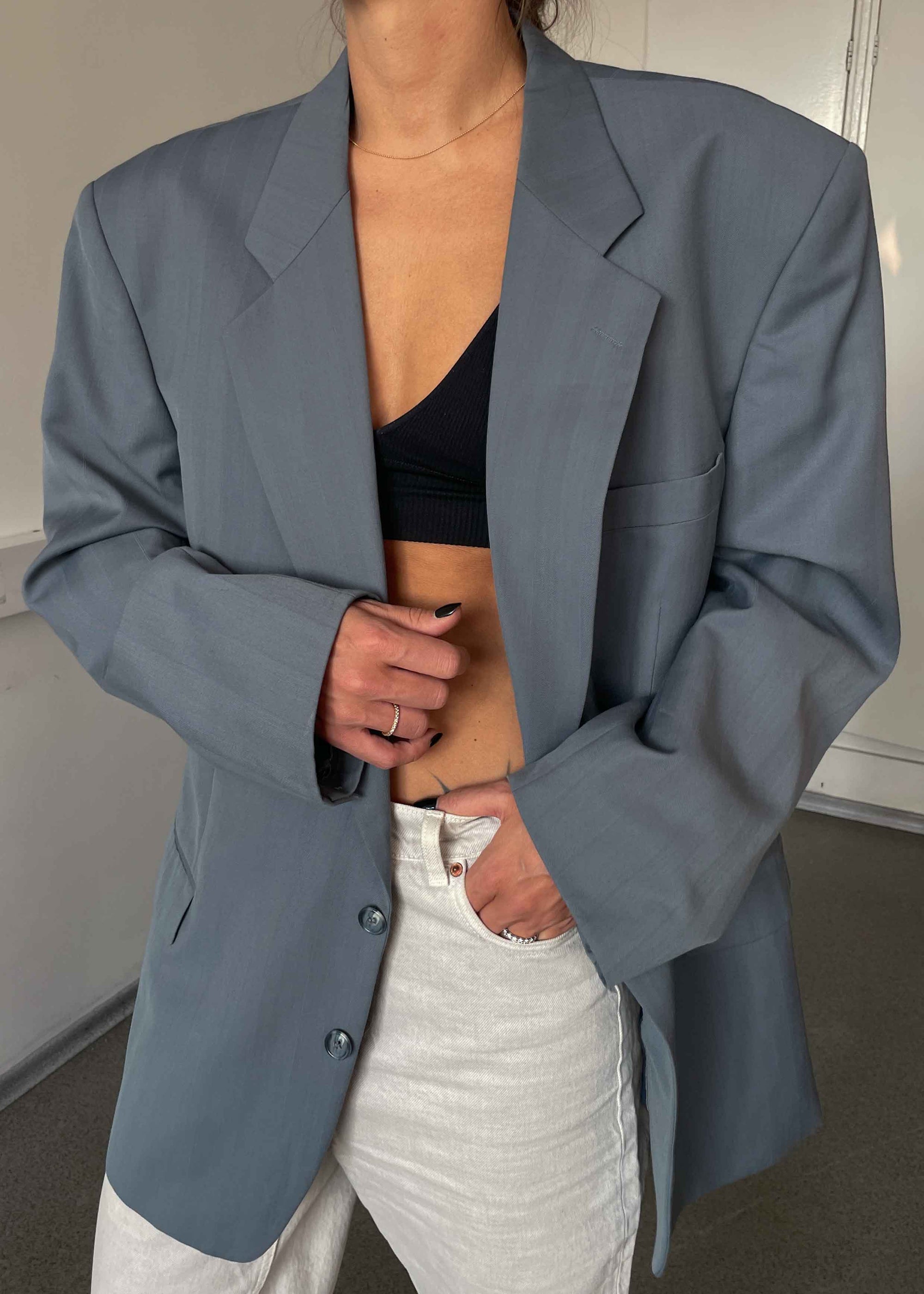 Vintage Light Blue Patterned Oversized Blazer