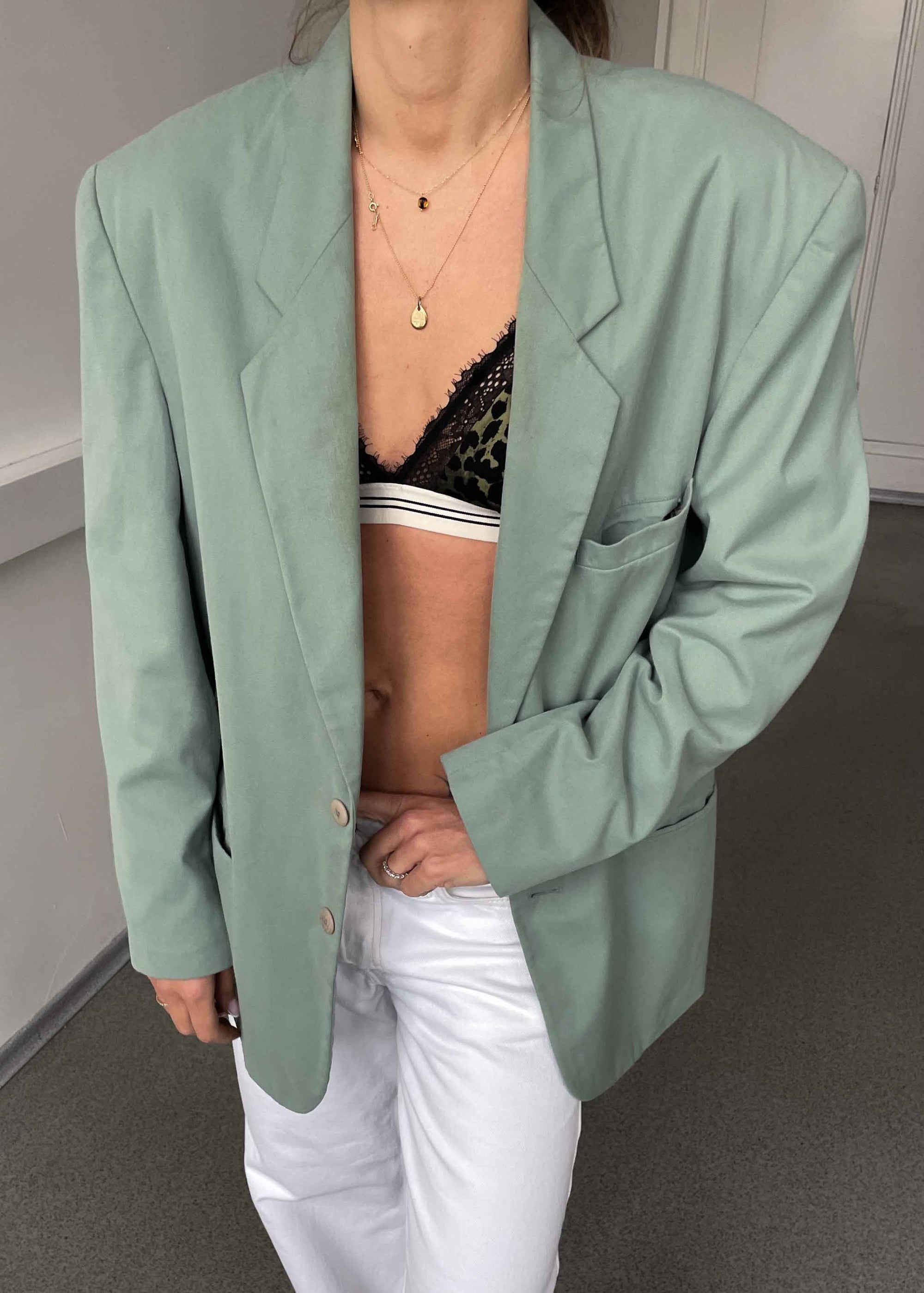 Vintage Mint Green Oversized Cotton Blazer