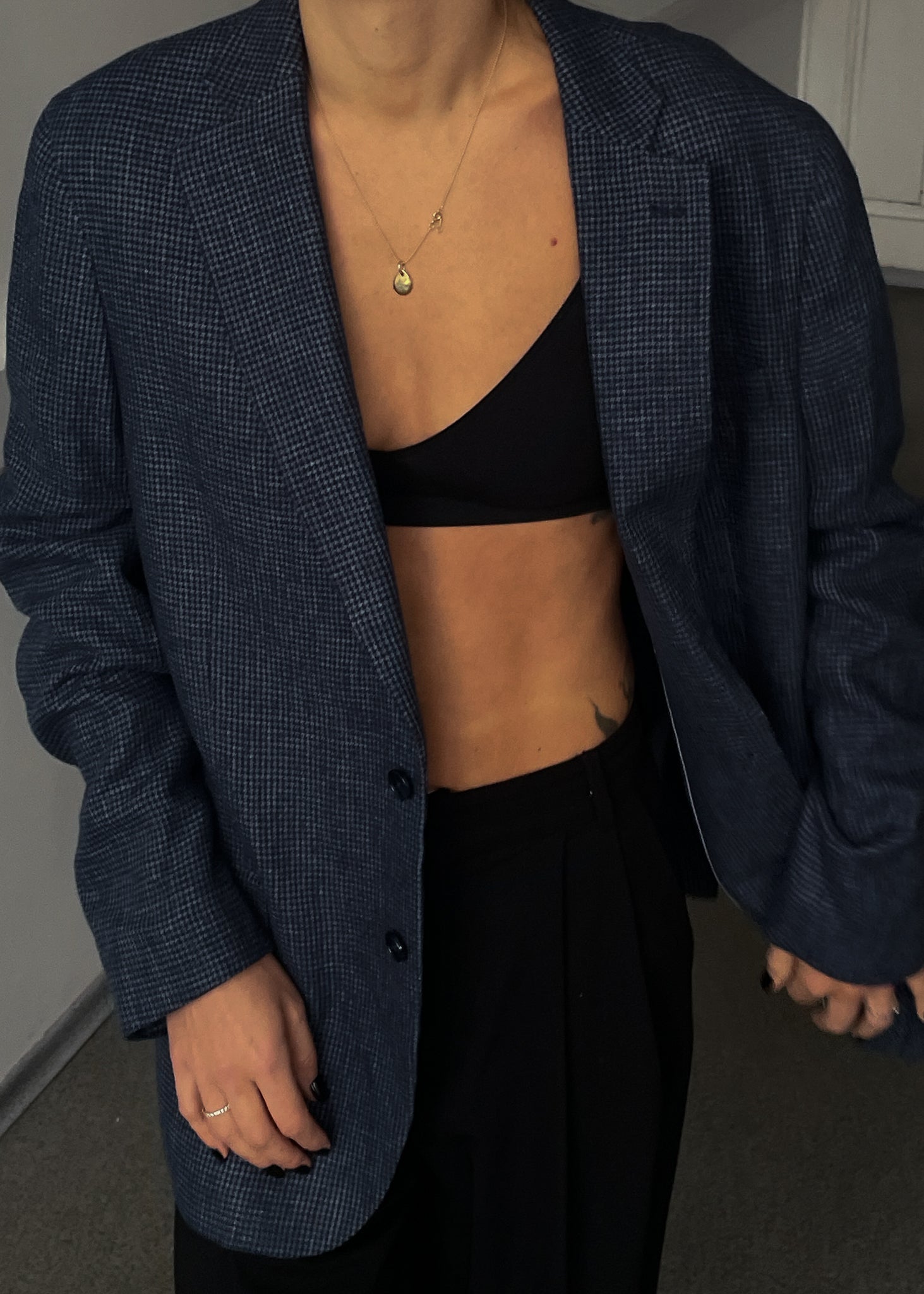 Vintage Blue Dogtooth Print Oversized Blazer