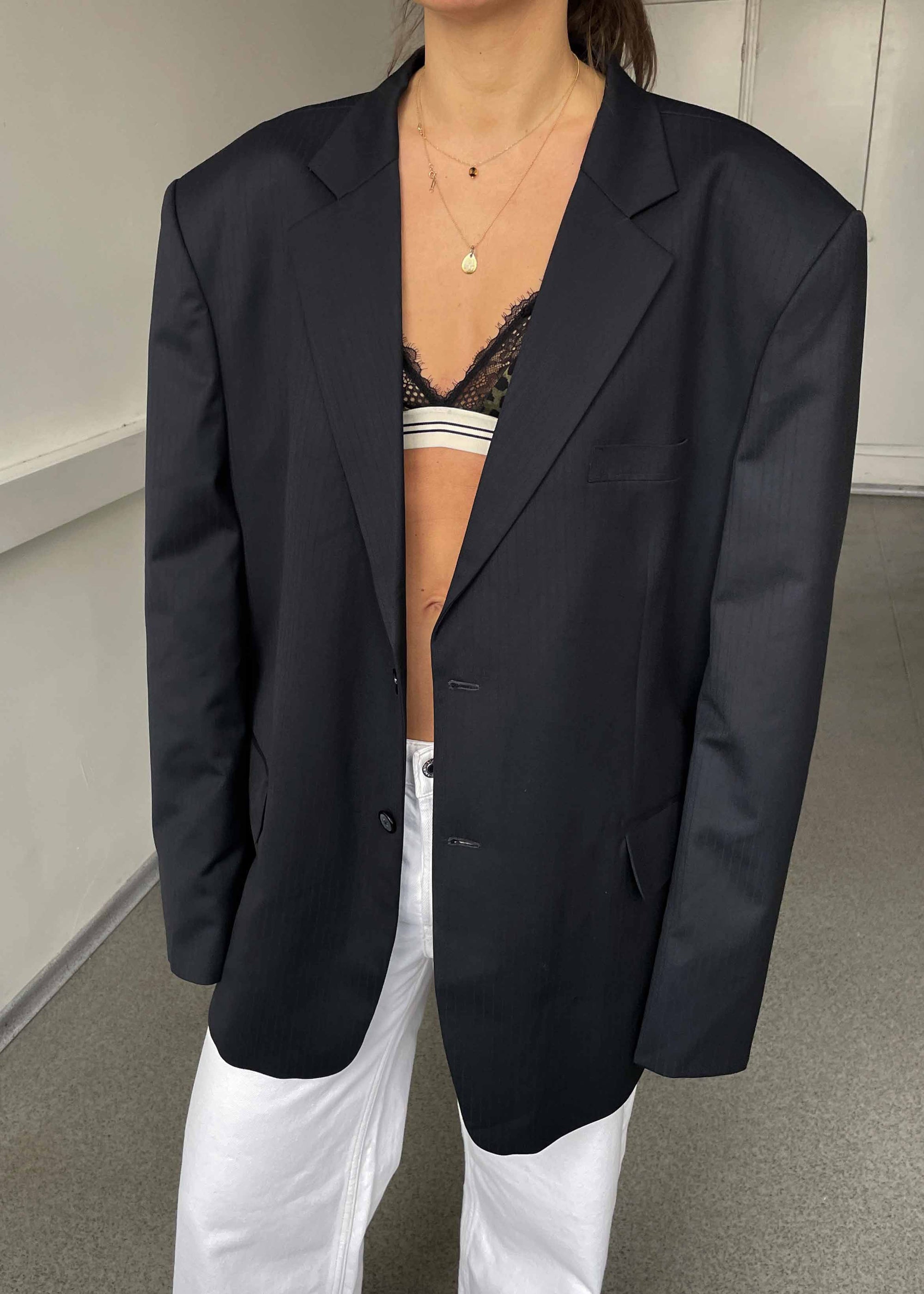 Vintage Black Stripe Patterned Oversized Blazer