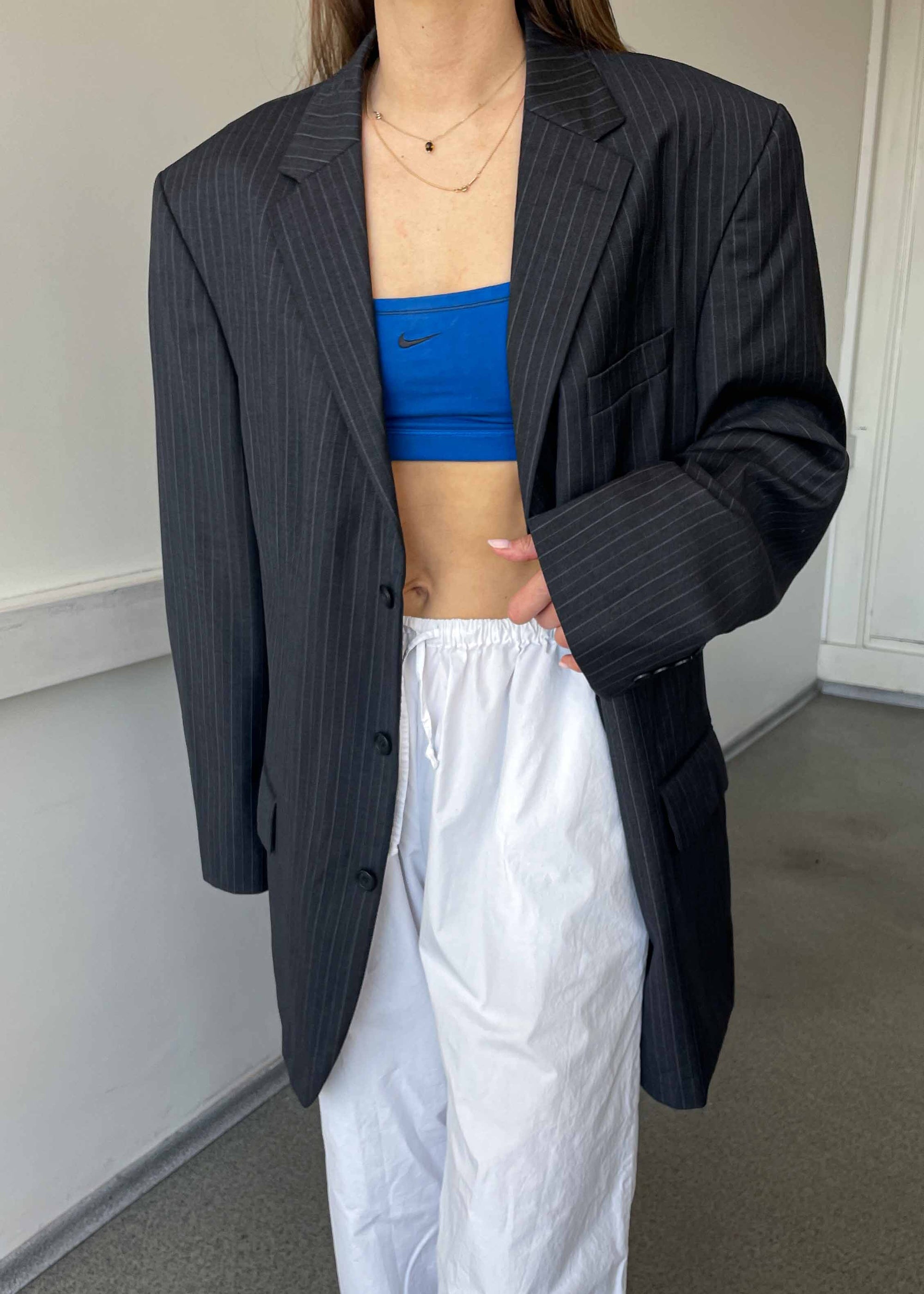 Vintage Grey Striped Oversized Blazer by NAUTICA