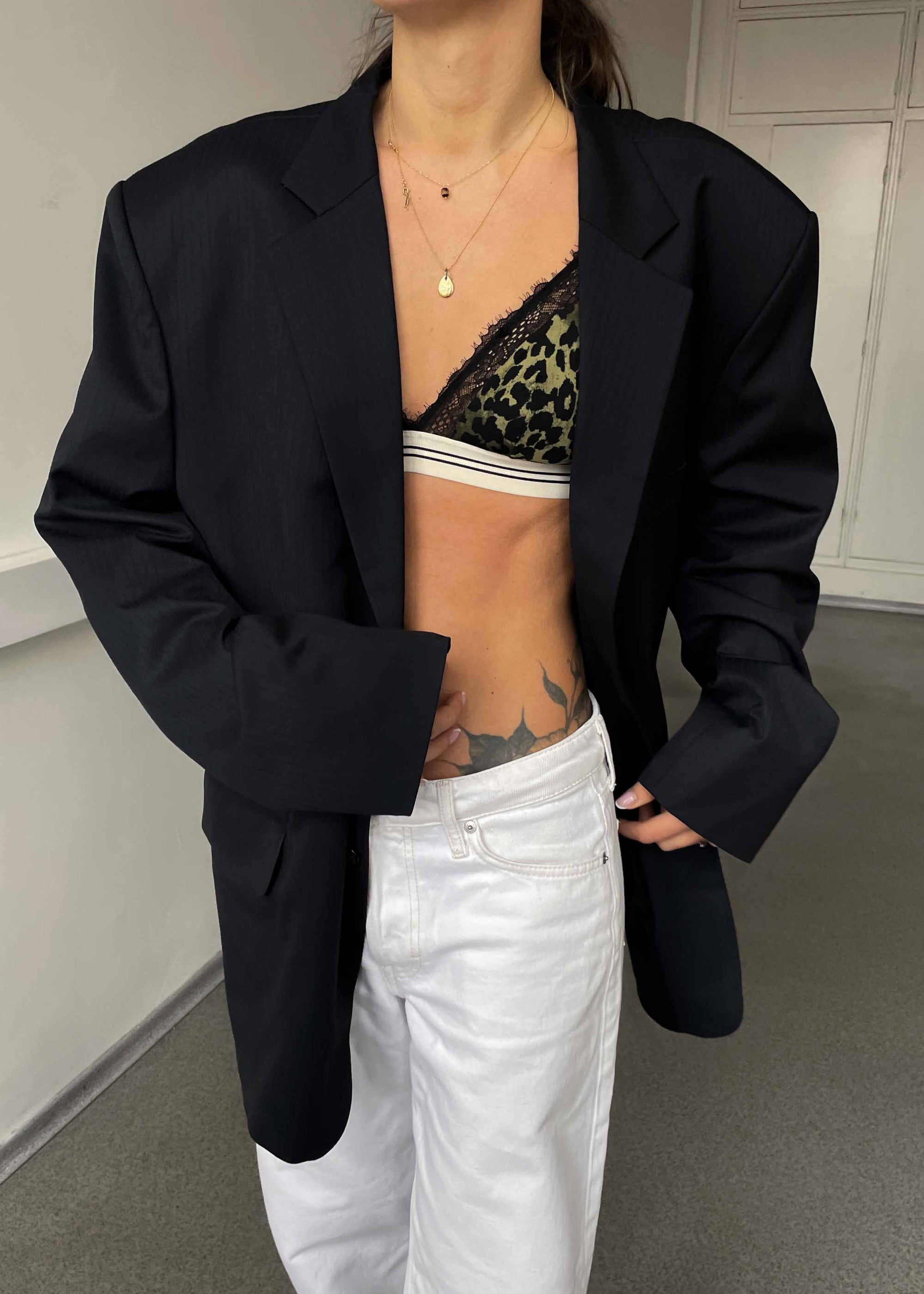 Vintage Black Stripe Patterned Oversized Blazer