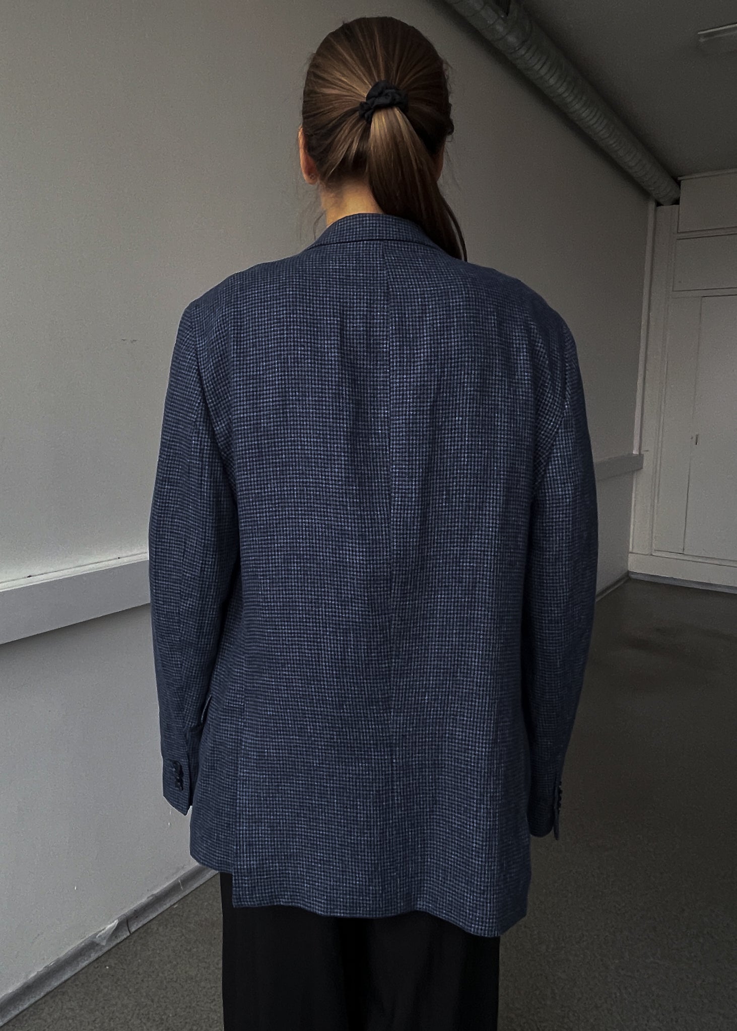 Vintage Blue Dogtooth Print Oversized Blazer