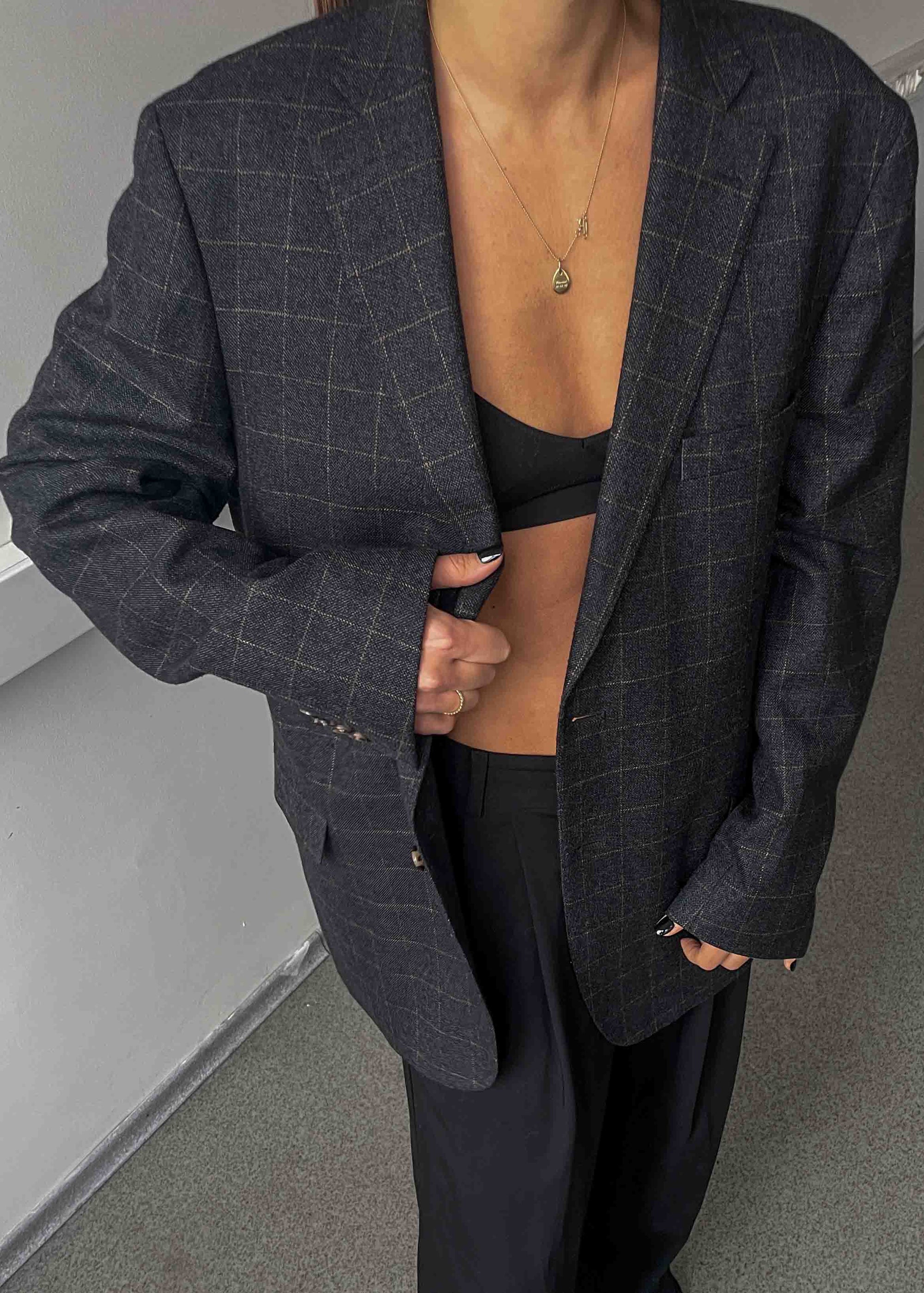 Vintage Grey & Blue Checked Oversized Blazer