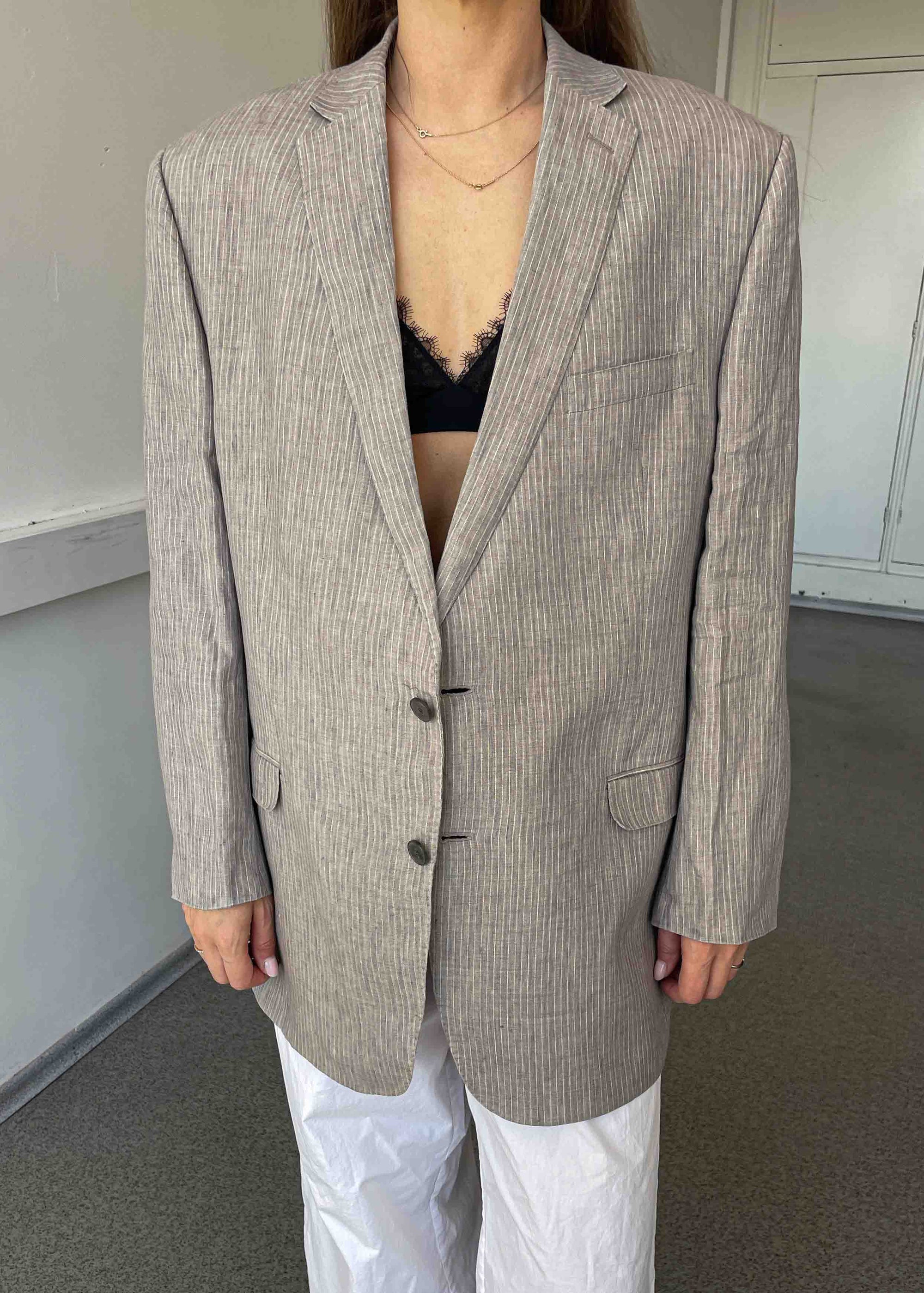 Vintage Light Grey Oversized 100% LINEN Blazer by CALVIN KLEIN