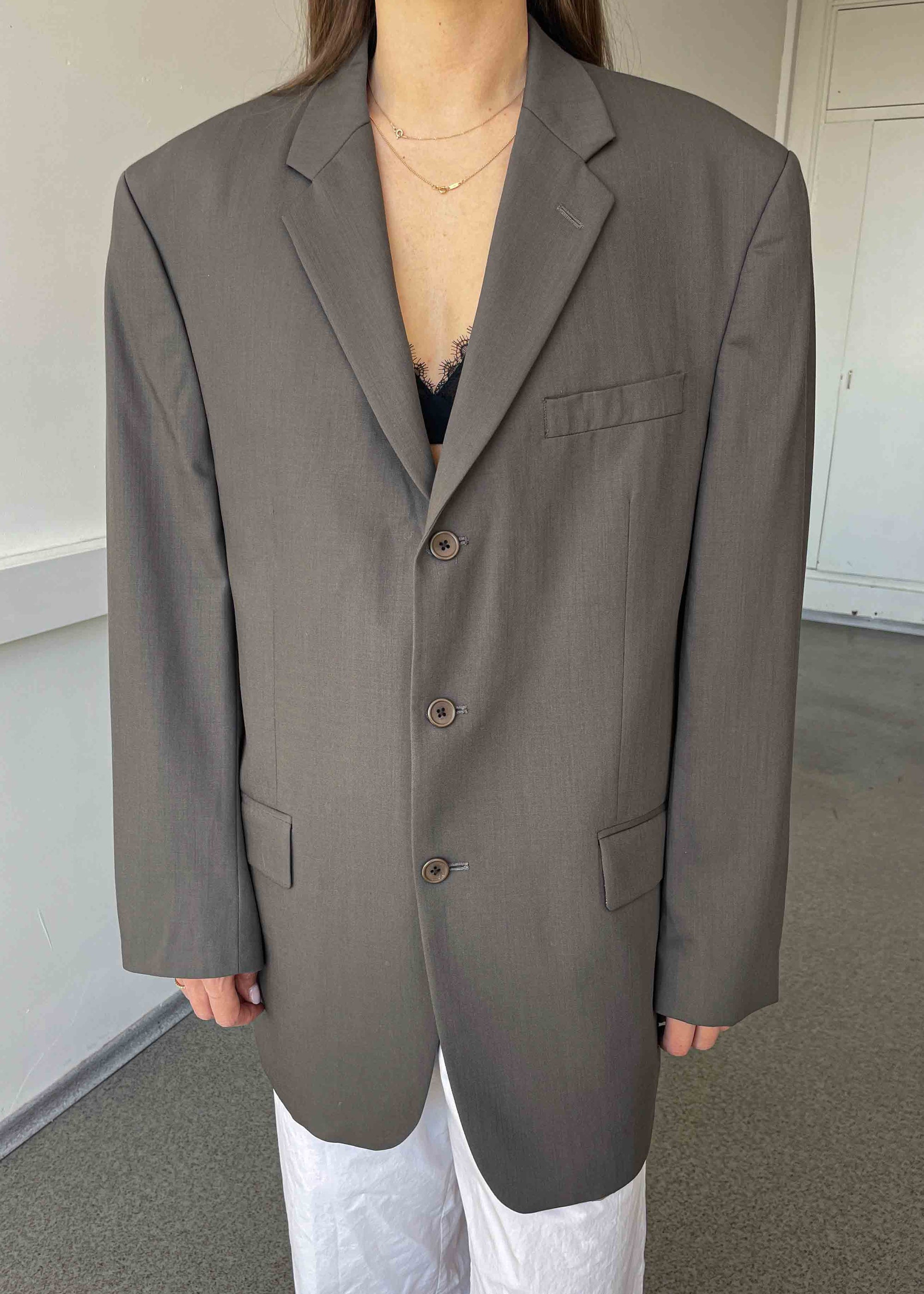 Vintage Grey / Khaki Oversized 100% Wool Blazer by CALVIN KLEIN