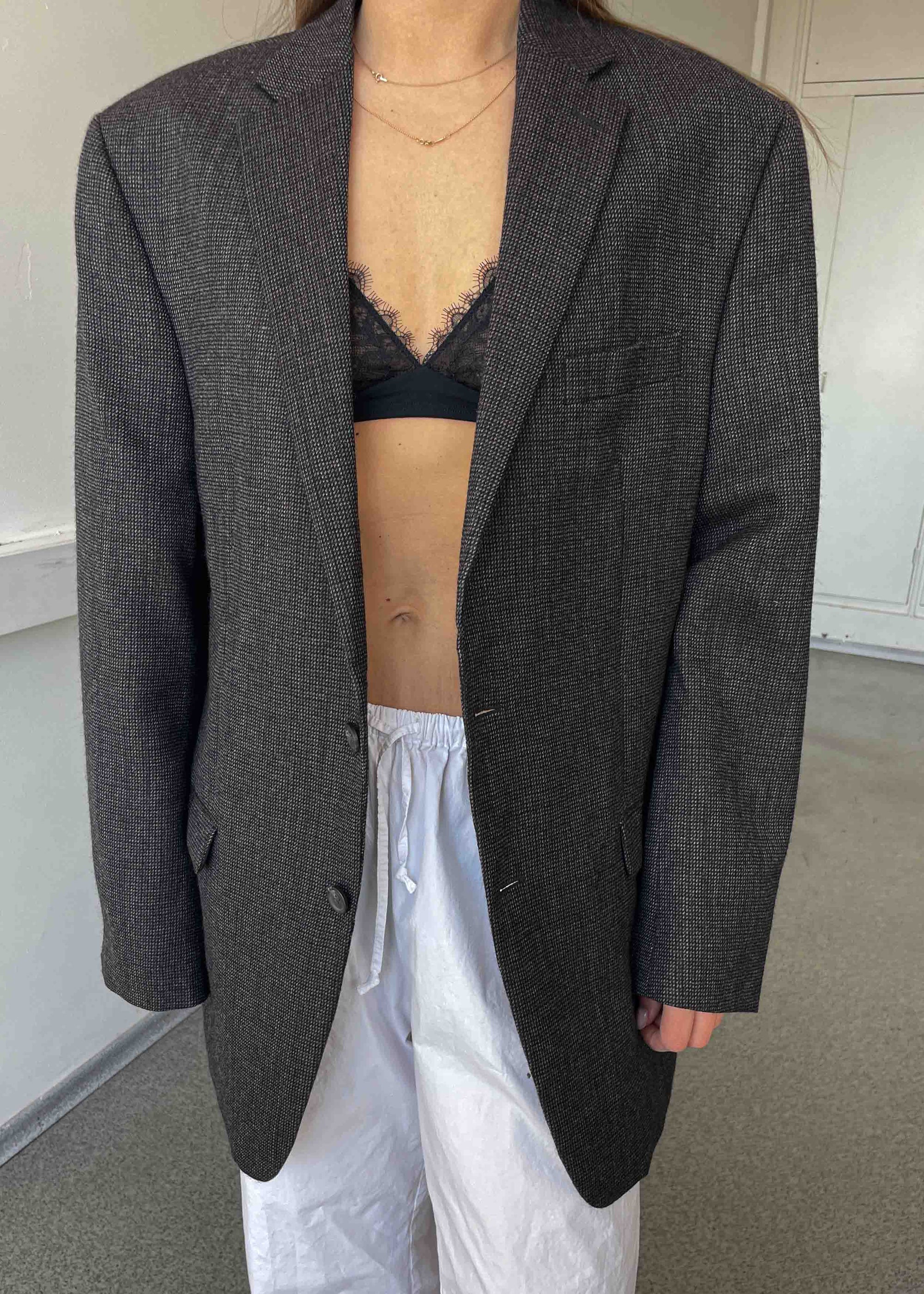 Vintage Grey Patterned Oversized 100% Wool Blazer by Chaps by RALPH LAUREN