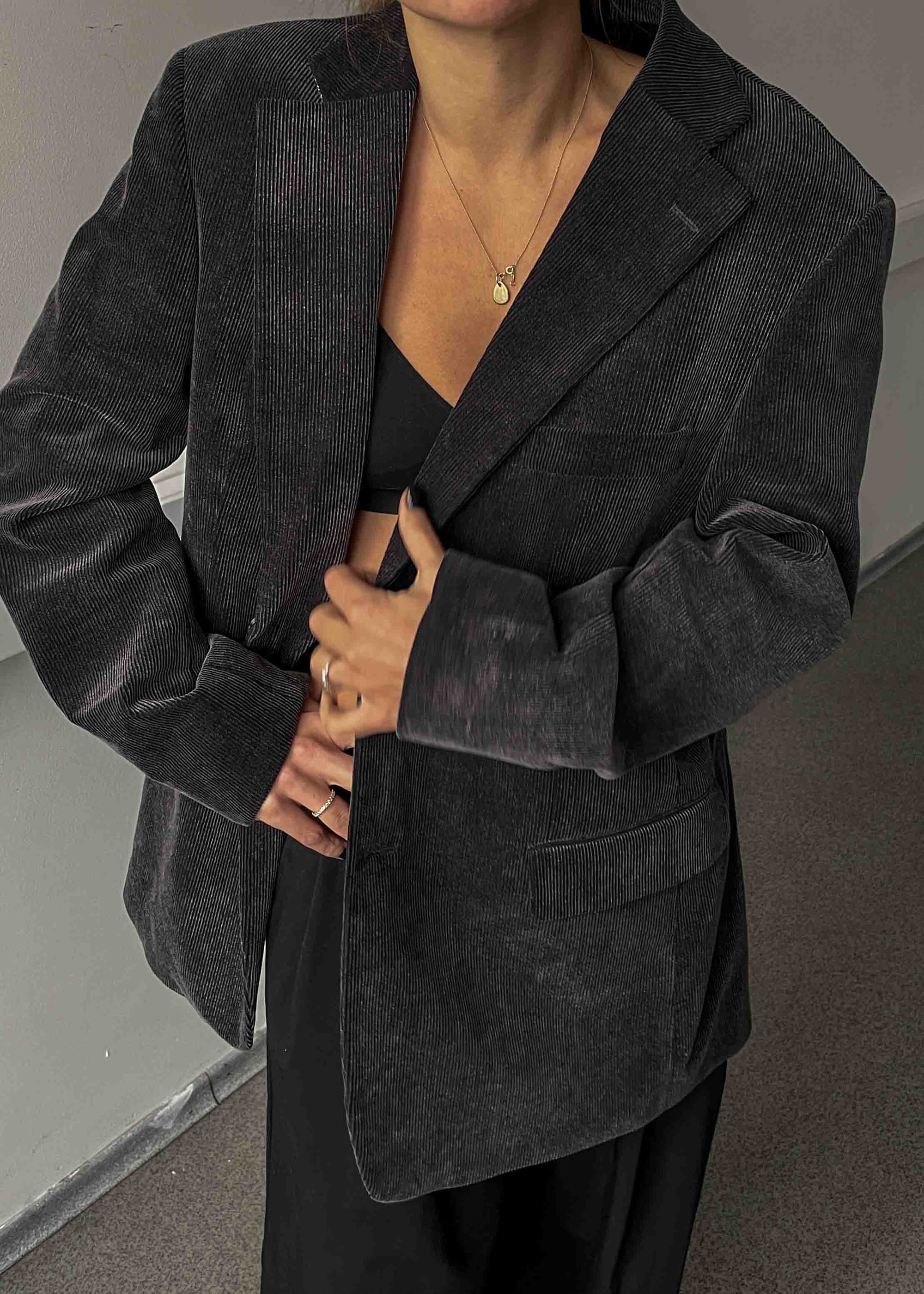 Vintage Dark Grey Oversized Corduroy Blazer