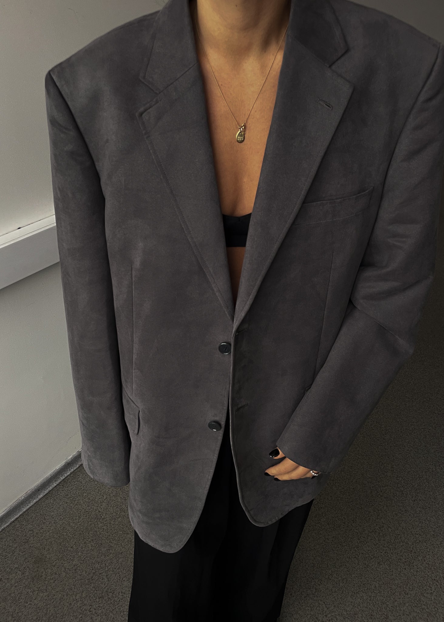 Vintage Grey Oversized Velvet Blazer